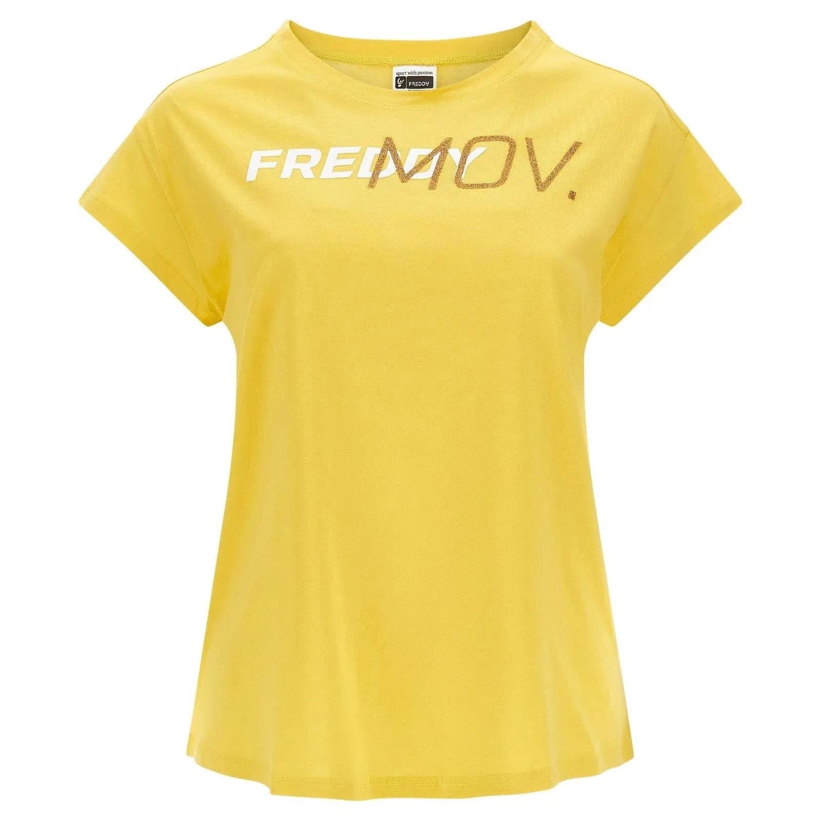 T Shirt with Ultrashort Sleeves - Yellow + Gold Glitter Print