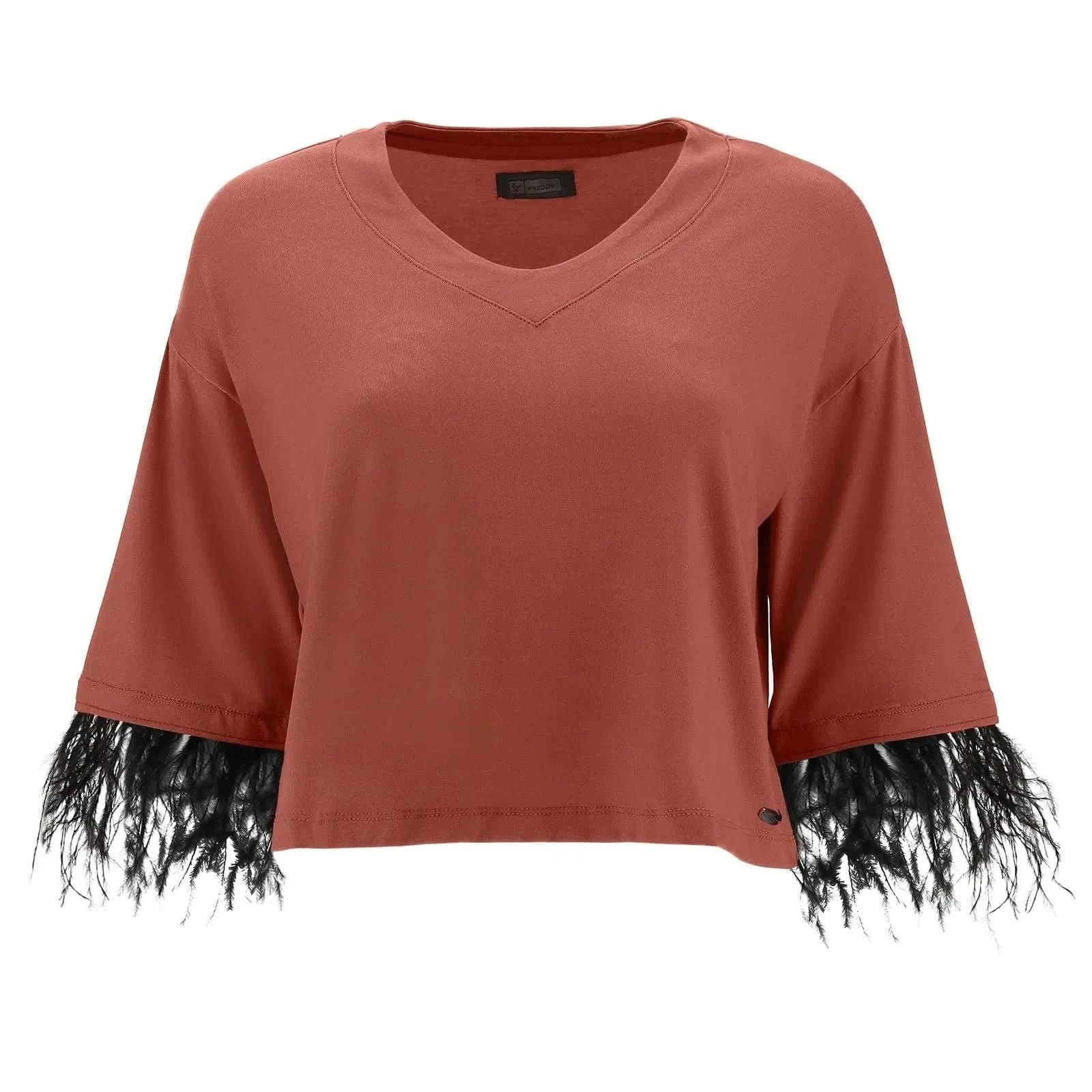Cropped V Neck shirt with 3/4 sleeves and feather trim - Etruscan Red