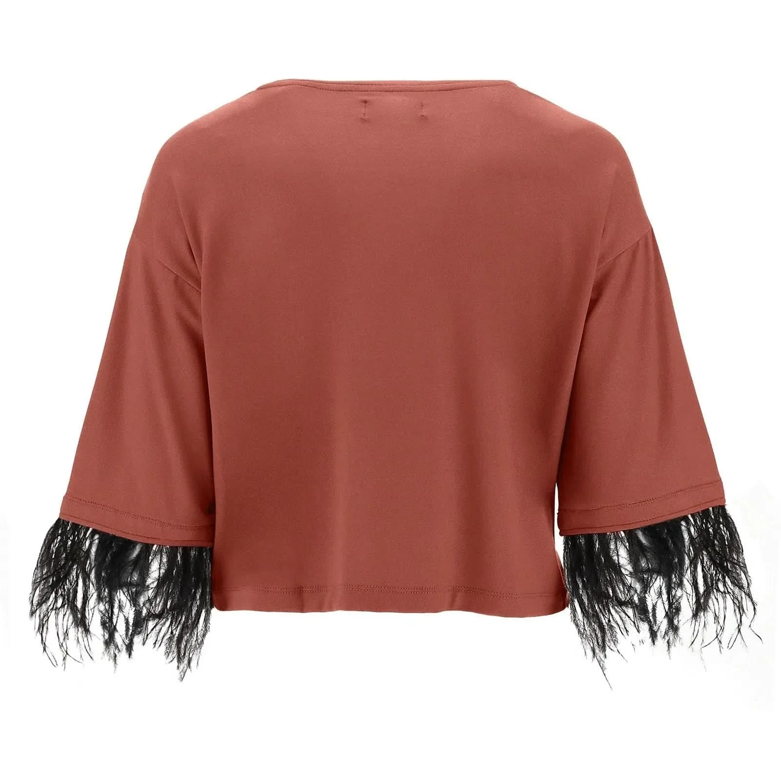 Cropped V Neck shirt with 3/4 sleeves and feather trim - Etruscan Red - Image 2