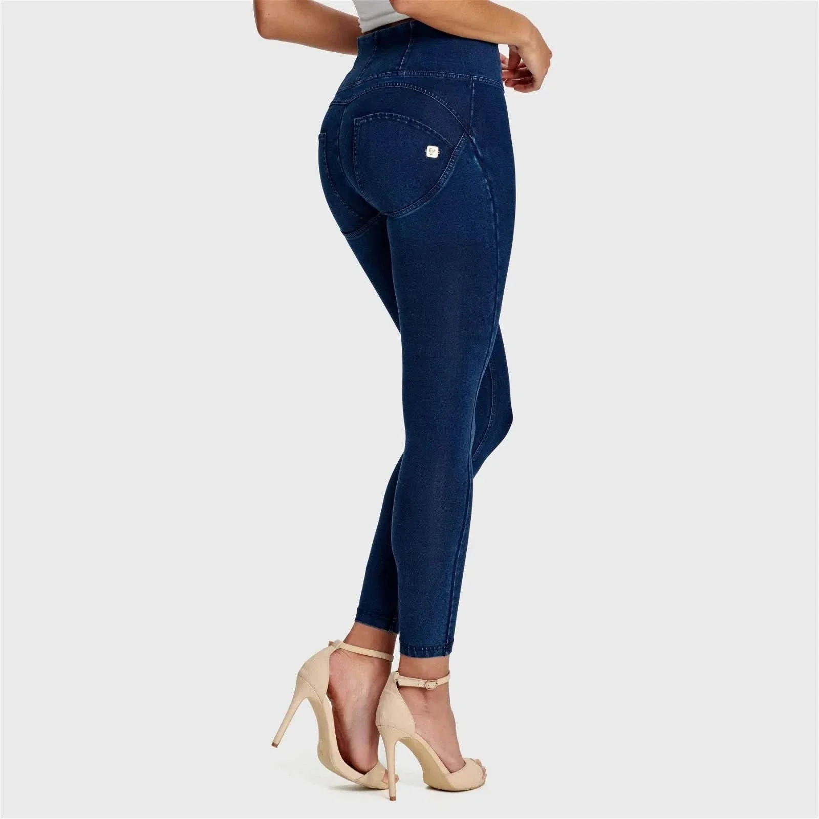 WRUP Denim - High Waisted - 7/8 Length - Dark Blue + Blue Stitching - Image 4