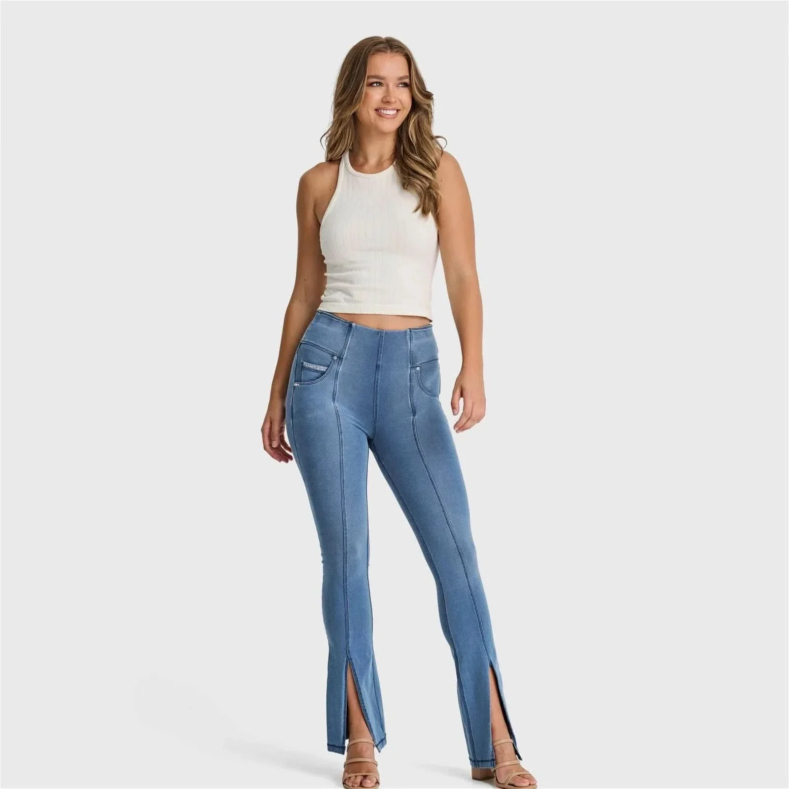 N.O.W® Denim - High Waisted - 7/8 Flare - Light Blue + Blue Stitching - Image 2
