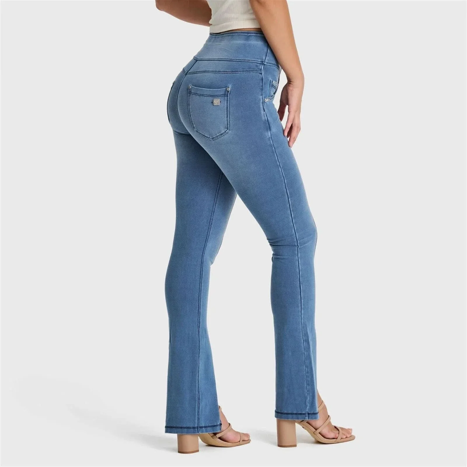 N.O.W® Denim - High Waisted - 7/8 Flare - Light Blue + Blue Stitching - Image 4