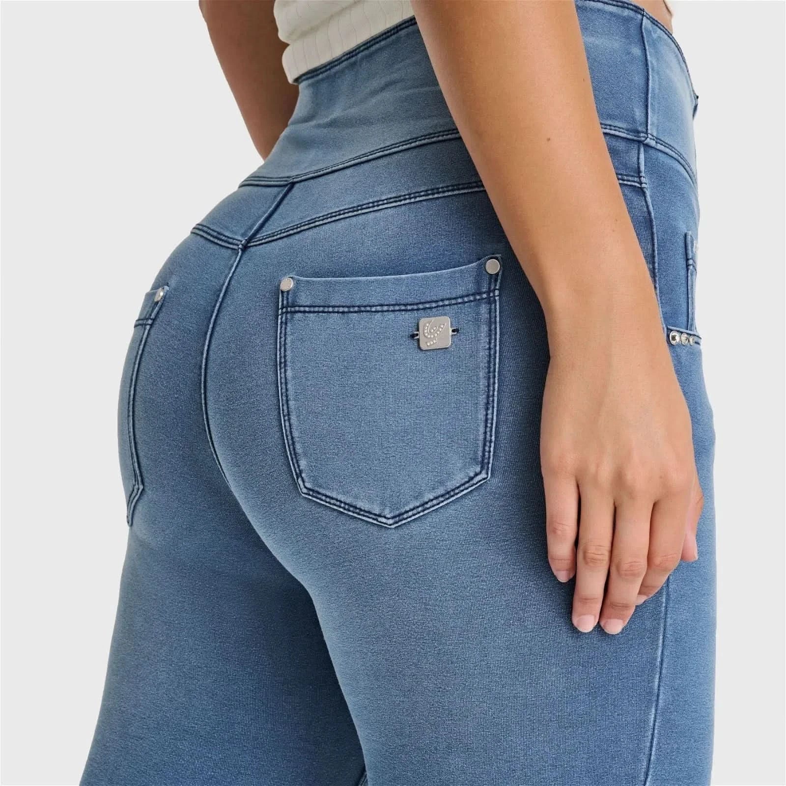 N.O.W® Denim - High Waisted - 7/8 Flare - Light Blue + Blue Stitching - Image 5