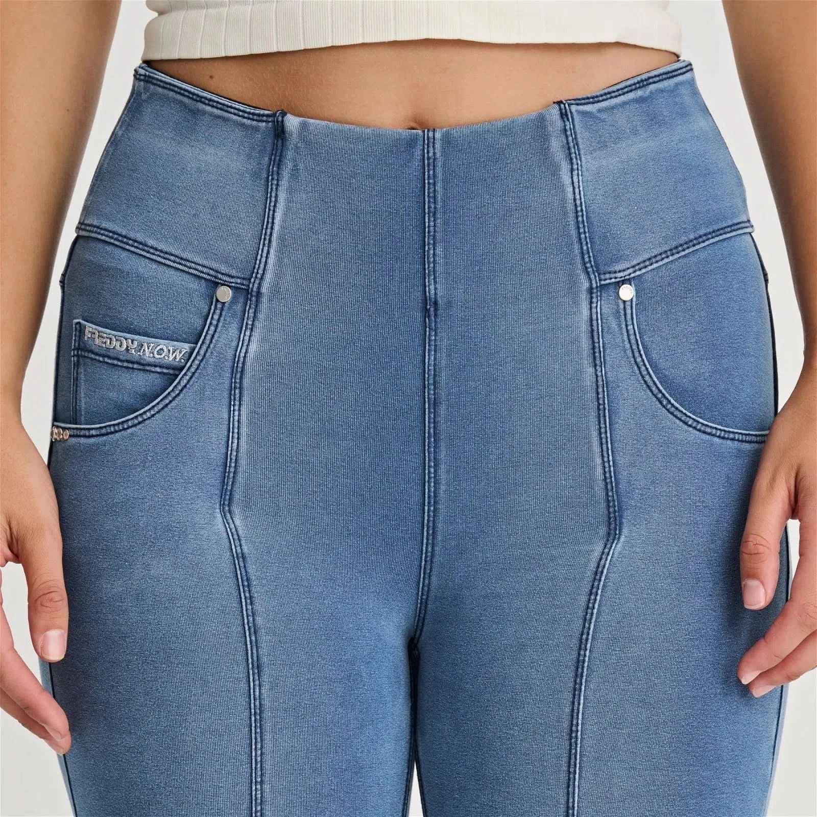 N.O.W® Denim - High Waisted - 7/8 Flare - Light Blue + Blue Stitching - Image 6