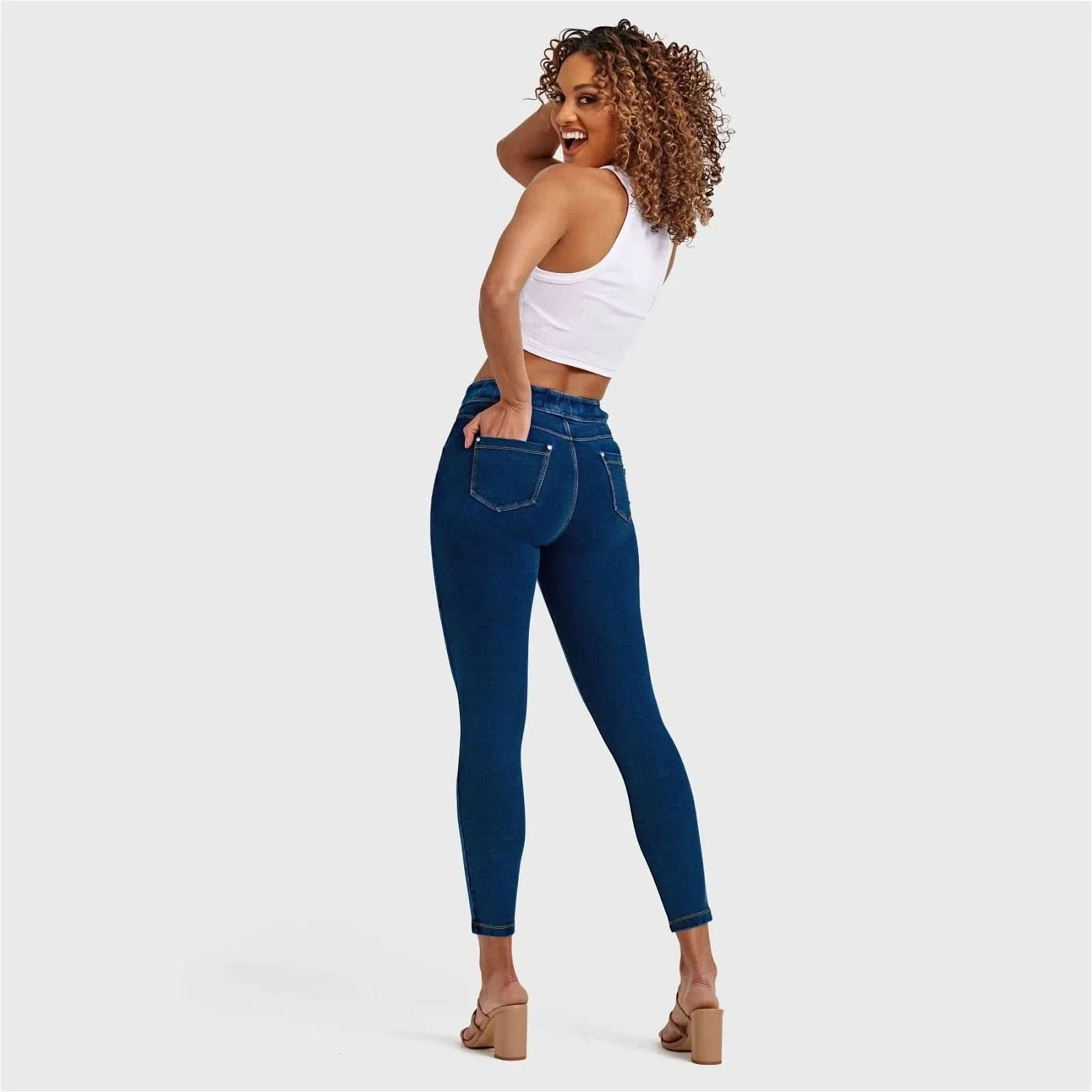 N.O.W® Denim - High Waisted - 7/8 Length - Dark Blue + Yellow Stitching - Image 4