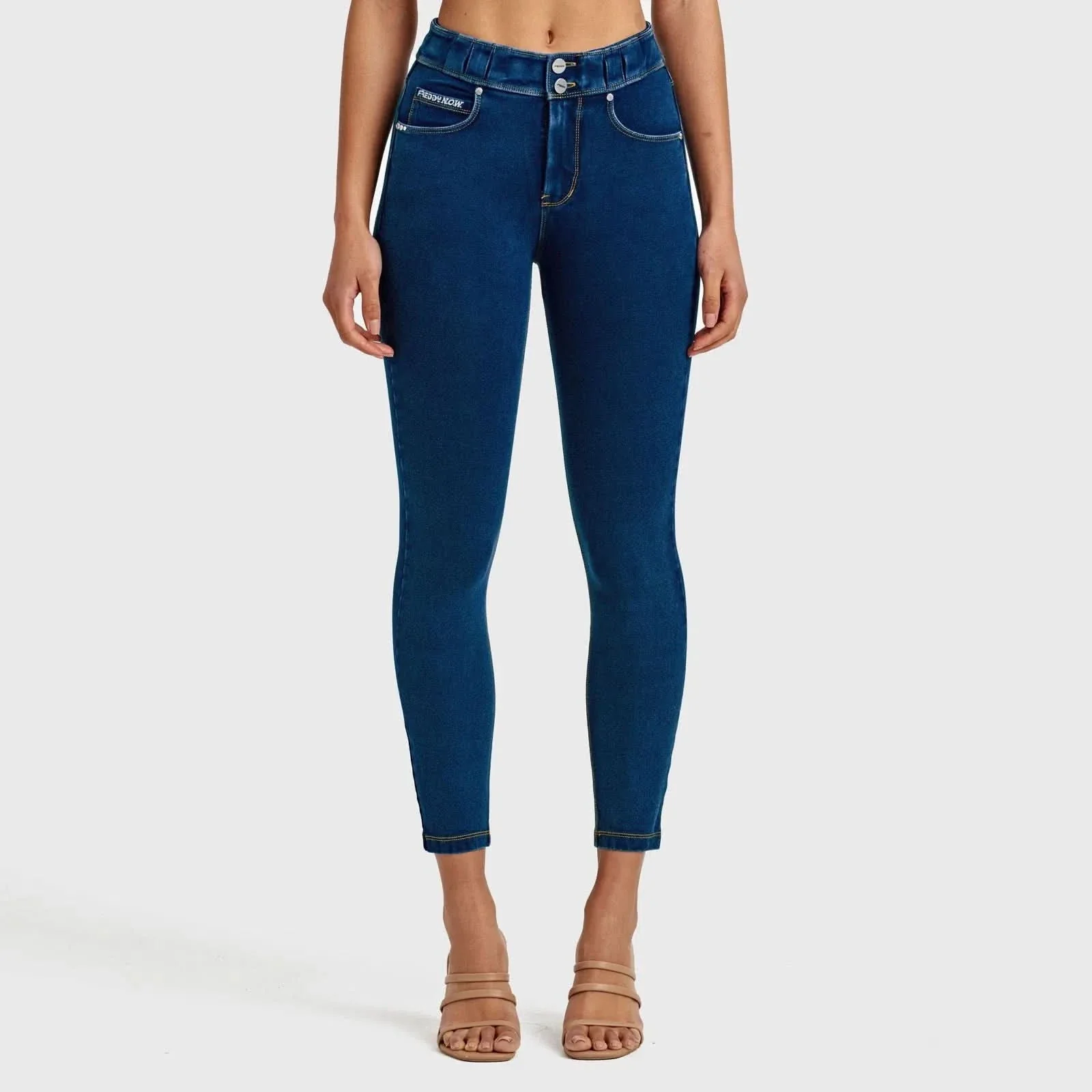 N.O.W® Denim - High Waisted - 7/8 Length - Dark Blue + Yellow Stitching - Image 5