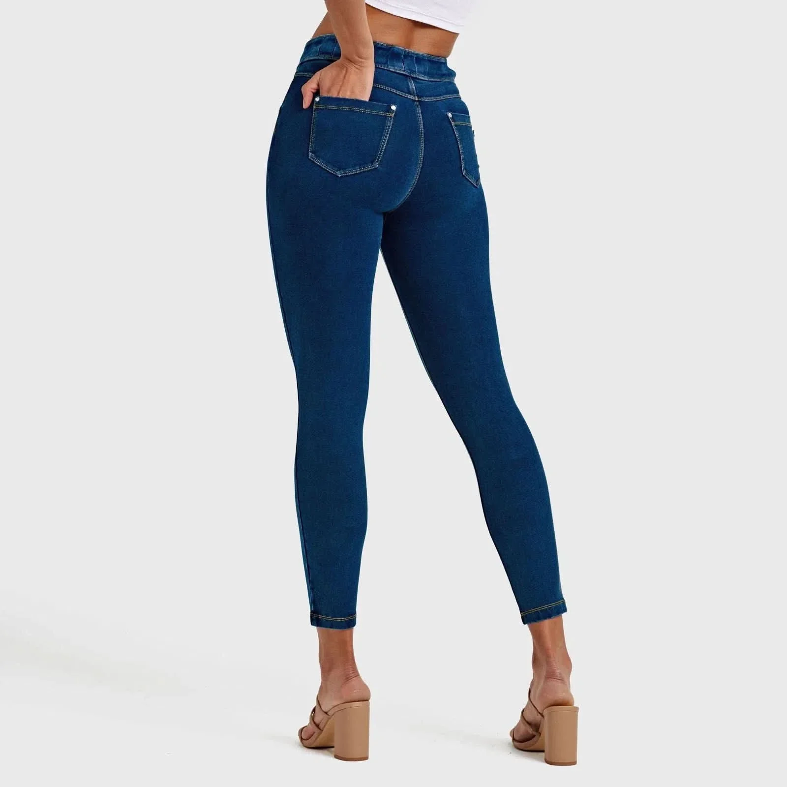 N.O.W® Denim - High Waisted - 7/8 Length - Dark Blue + Yellow Stitching - Image 7