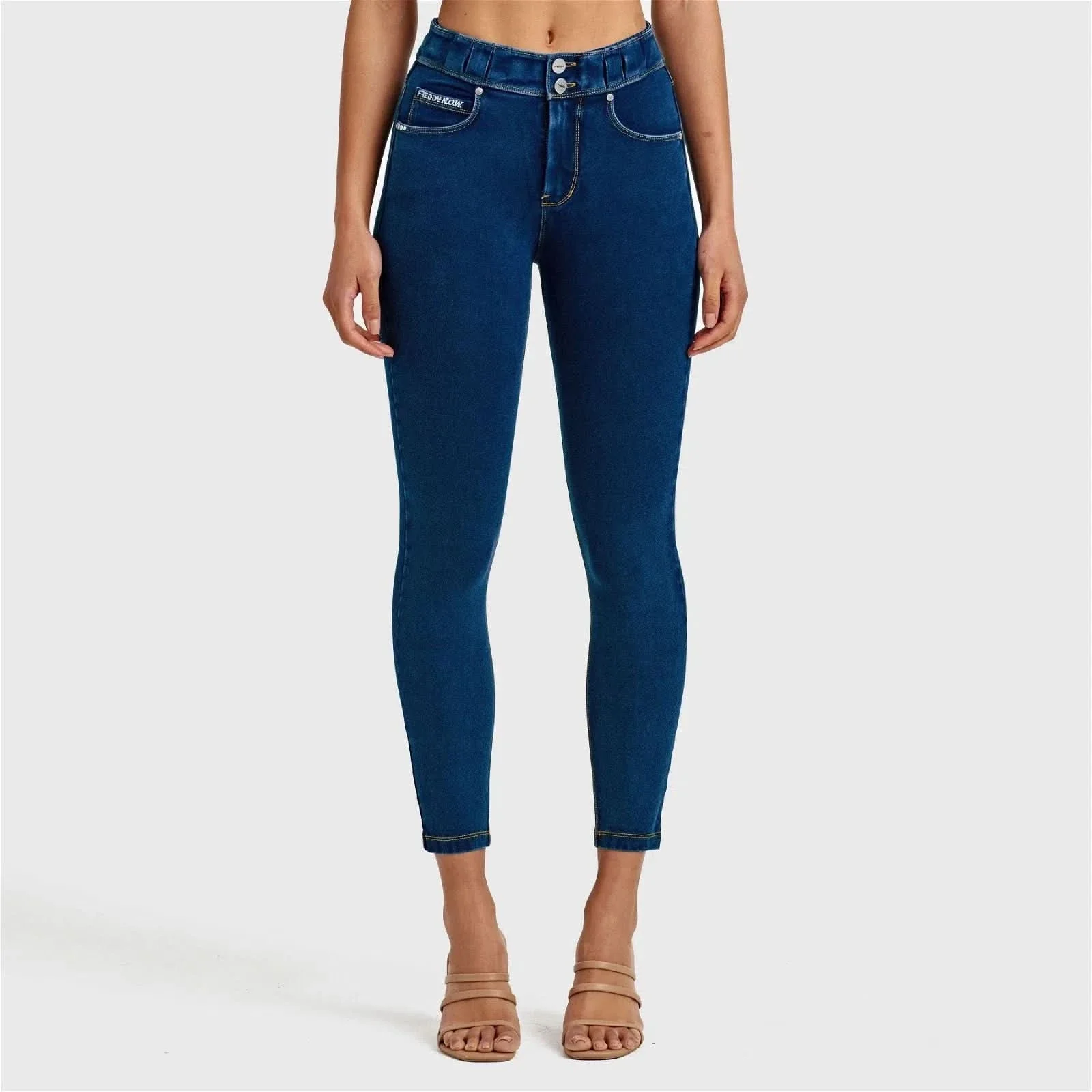 N.O.W® Denim - High Waisted - 7/8 Length - Dark Blue + Yellow Stitching - Image 5