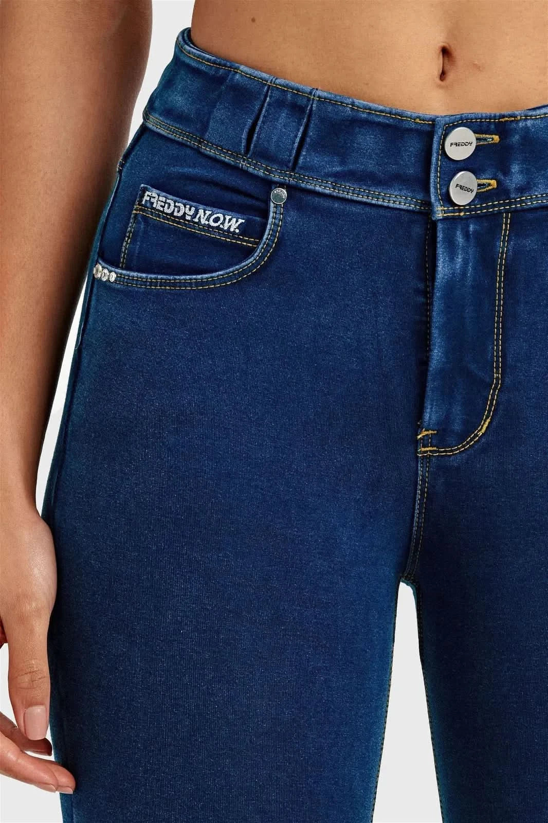 N.O.W® Denim - High Waisted - 7/8 Length - Dark Blue + Yellow Stitching - Image 8