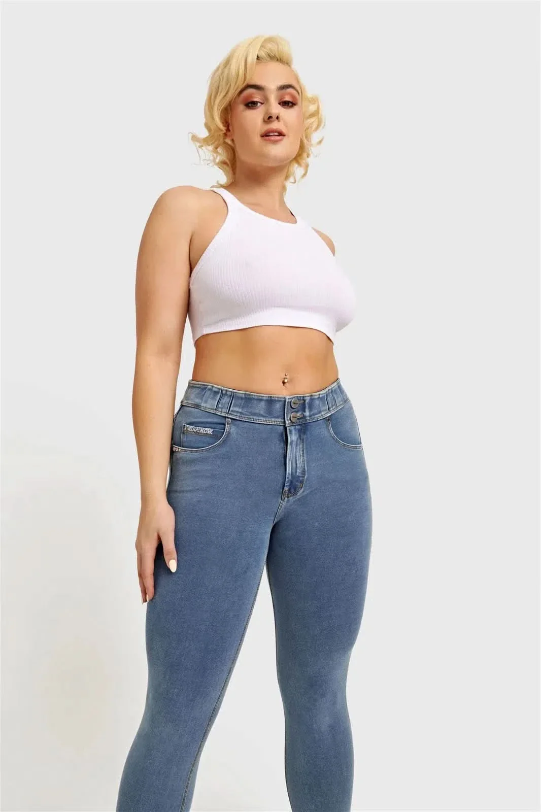 N.O.W® Denim - High Waisted - 7/8 Length - Light Blue + Yellow Stitching - Image 15