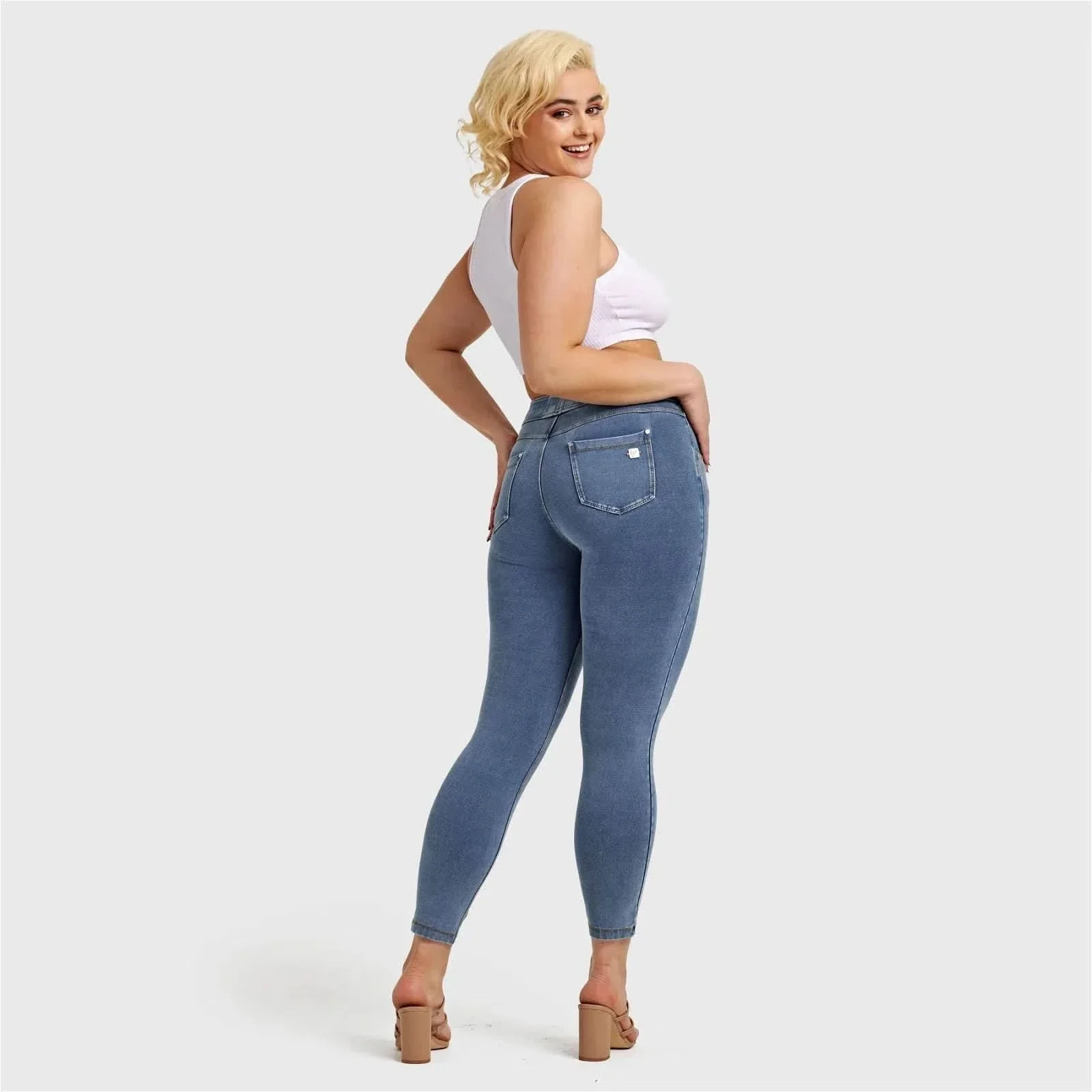 N.O.W® Denim - High Waisted - 7/8 Length - Light Blue + Yellow Stitching - Image 17