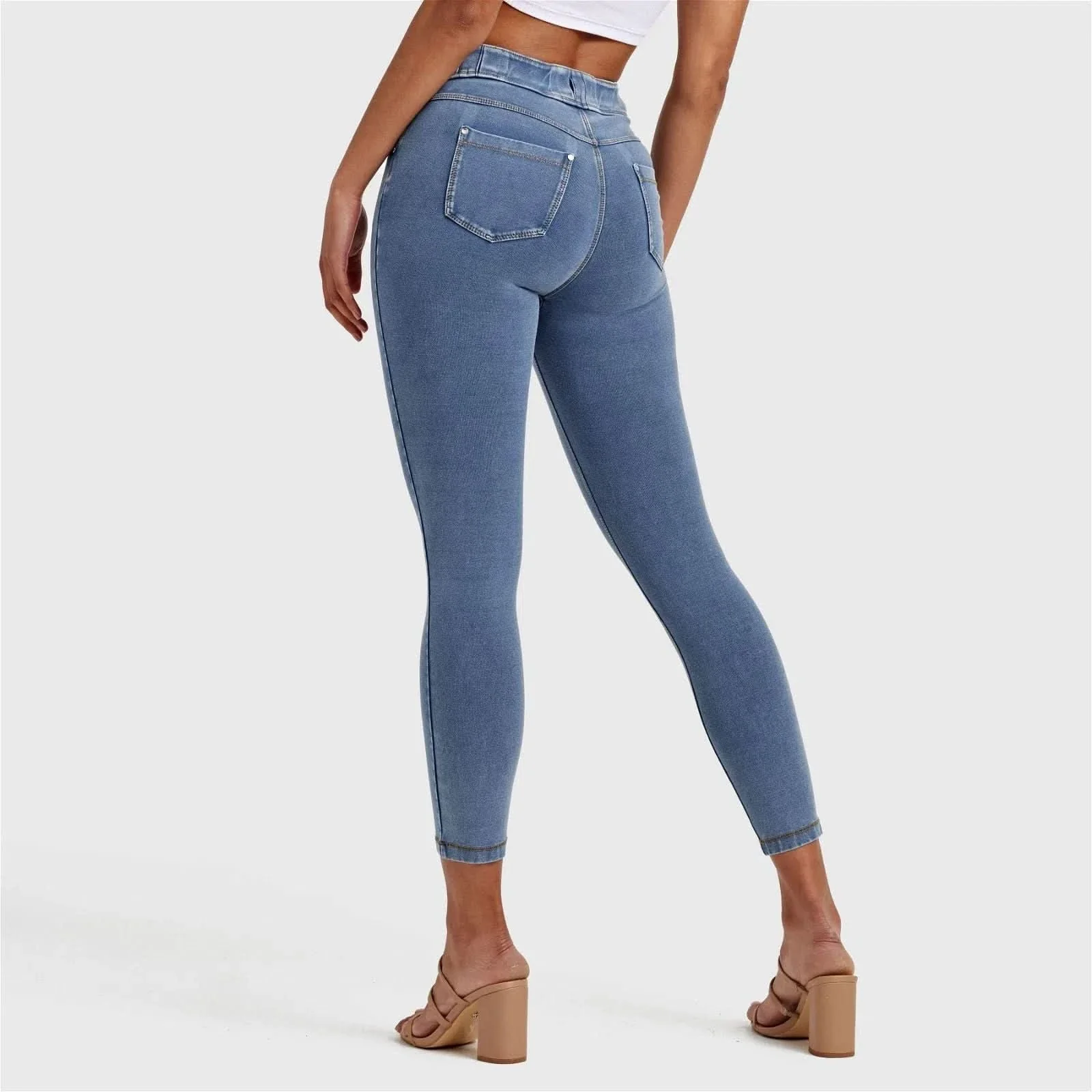 N.O.W® Denim - High Waisted - 7/8 Length - Light Blue + Yellow Stitching - Image 12