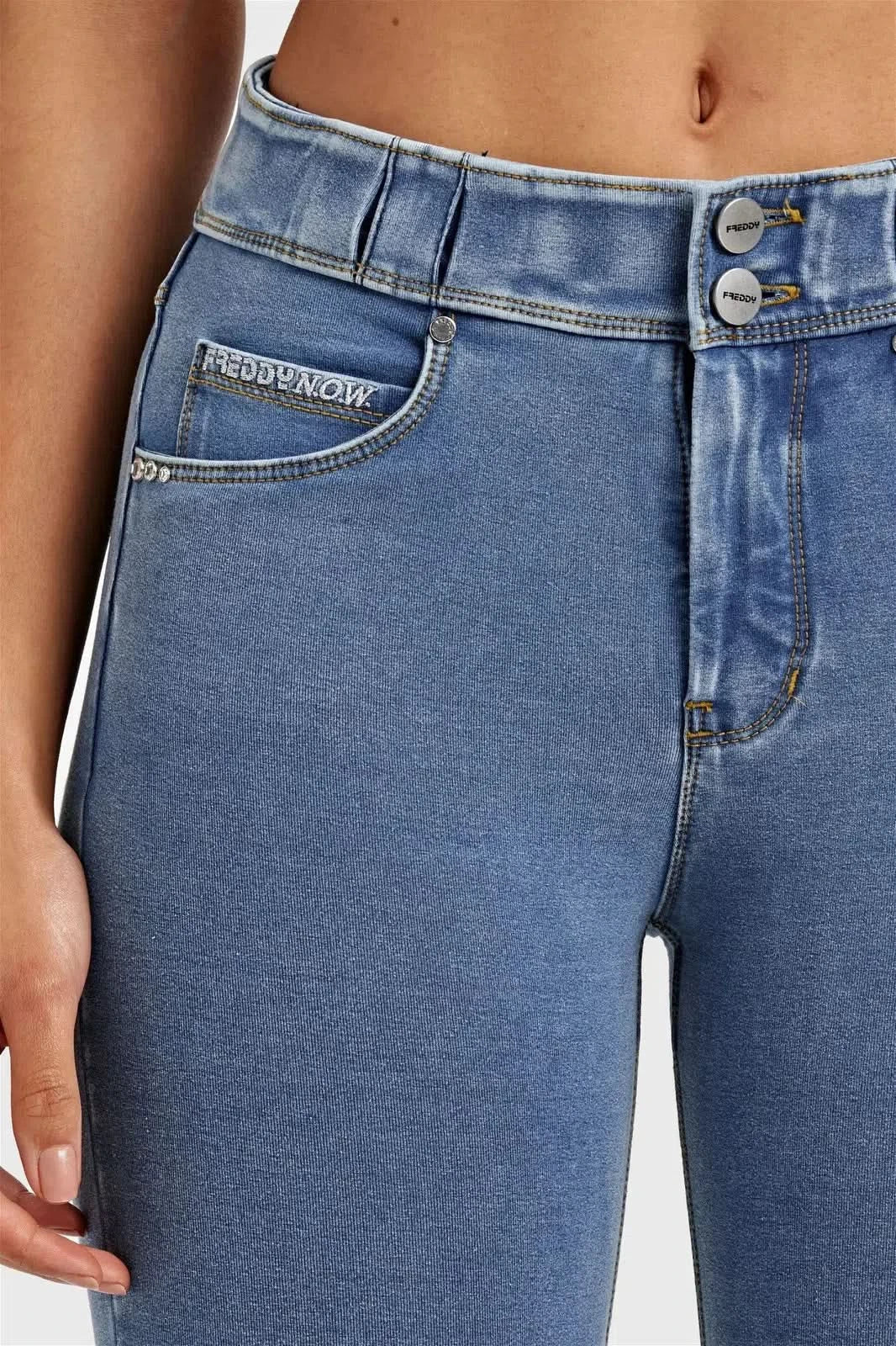 N.O.W® Denim - High Waisted - 7/8 Length - Light Blue + Yellow Stitching - Image 14