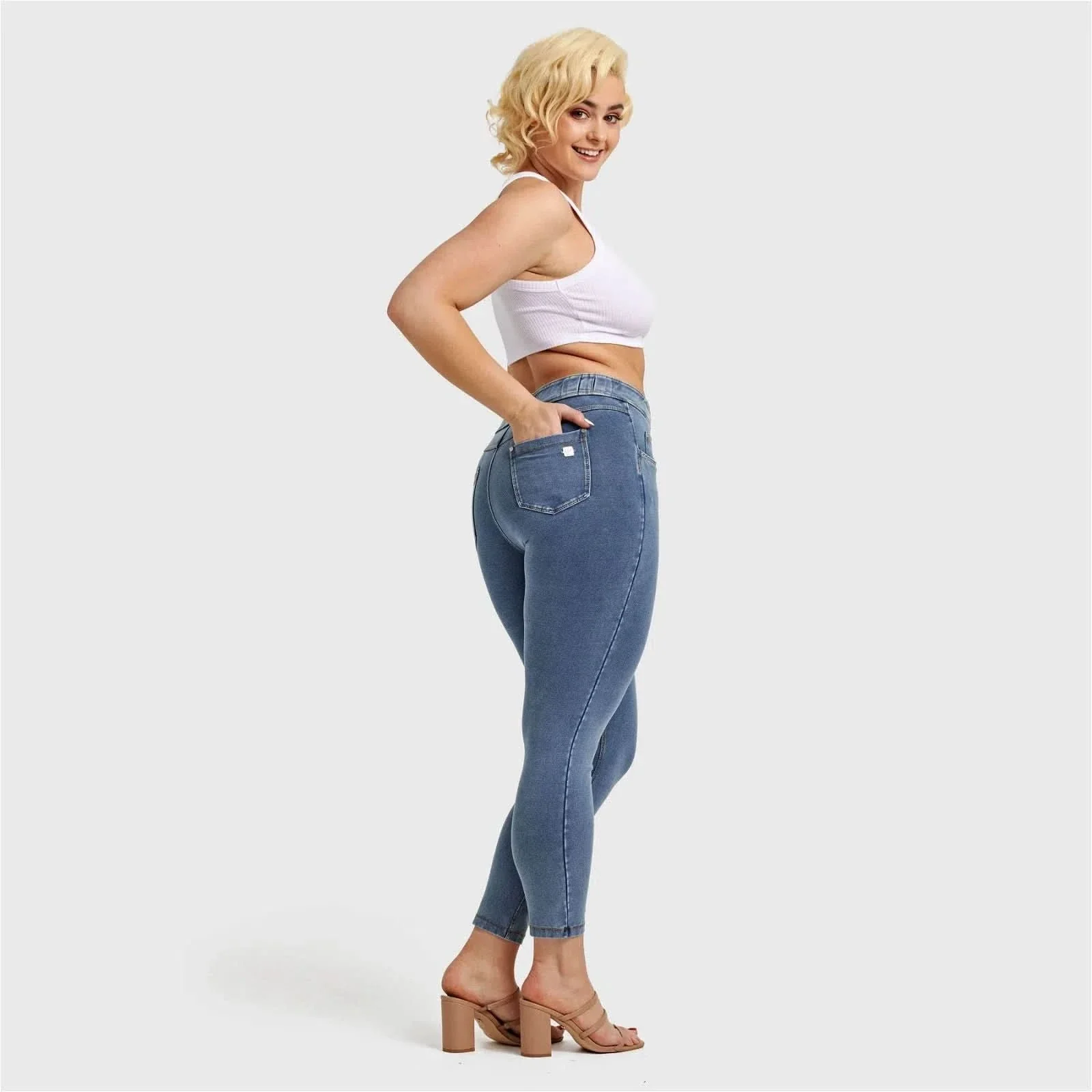 N.O.W® Denim - High Waisted - 7/8 Length - Light Blue + Yellow Stitching - Image 21