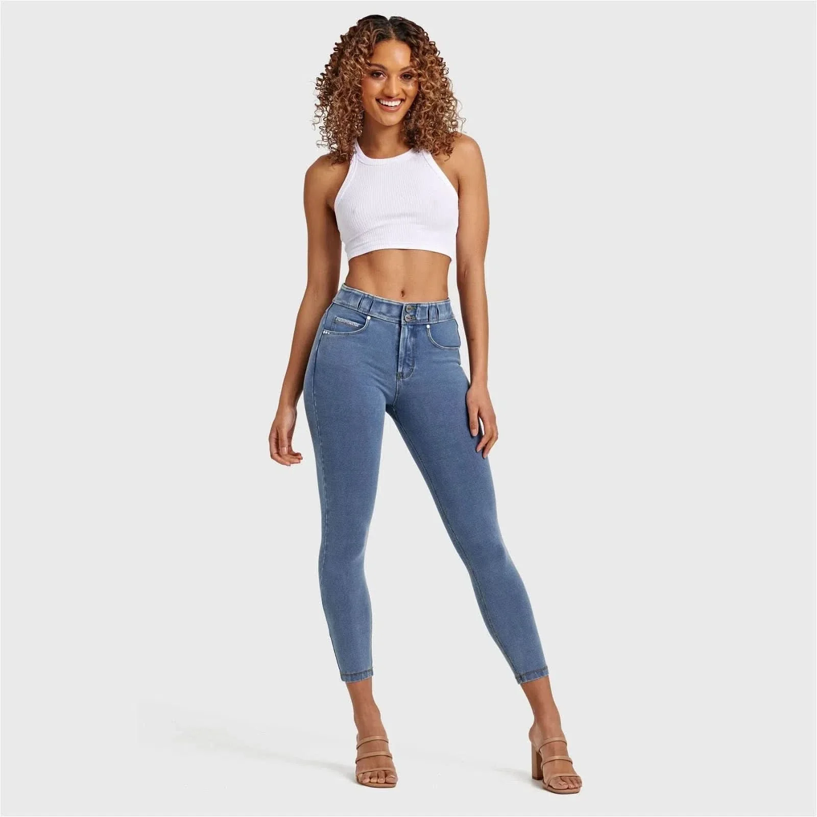 N.O.W® Denim - High Waisted - 7/8 Length - Light Blue + Yellow Stitching - Image 9