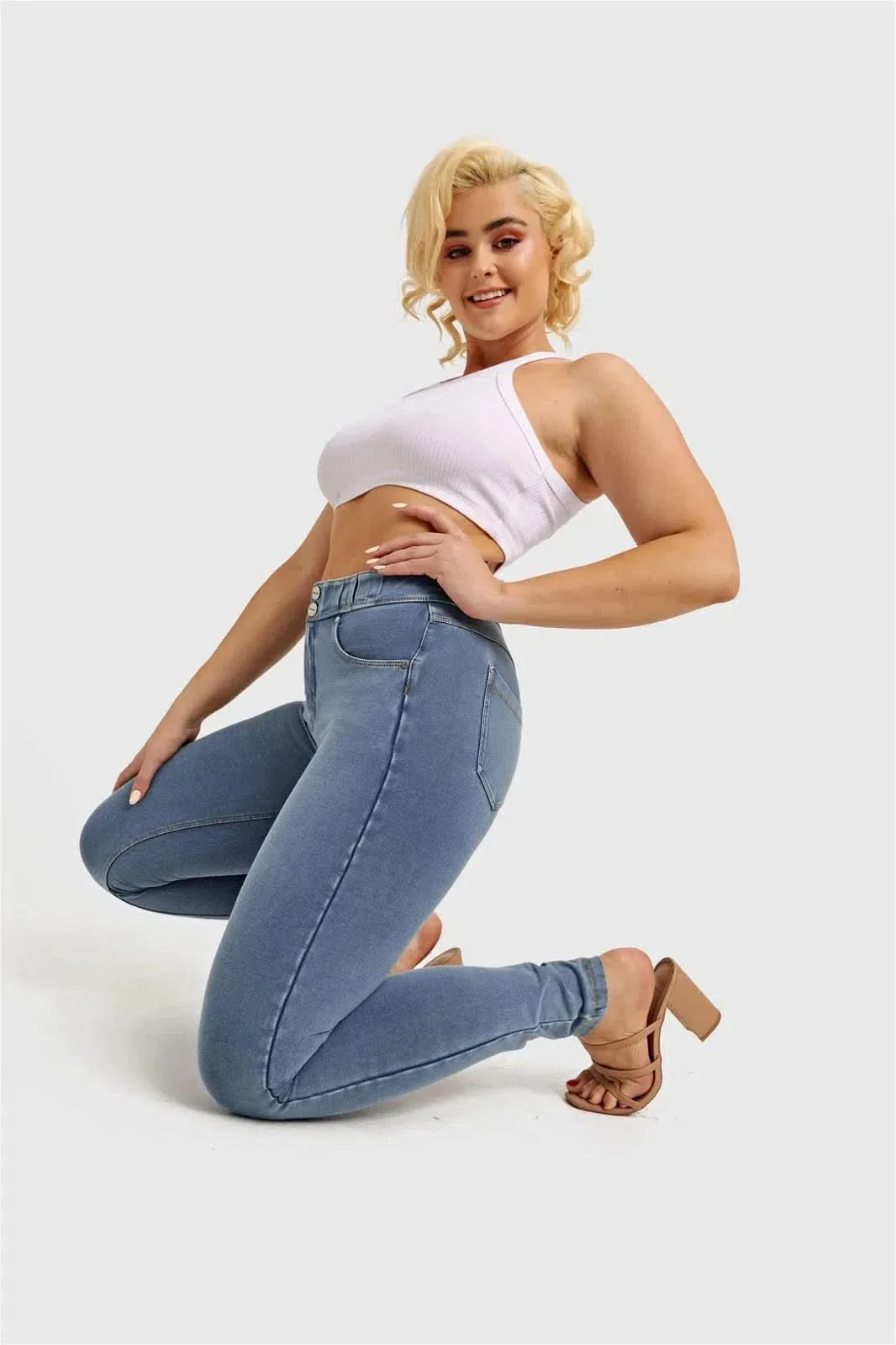 N.O.W® Denim - High Waisted - Full Length - Light Blue + Yellow Stitching - Image 13