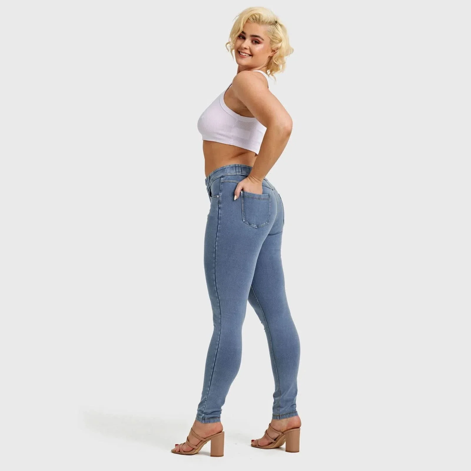 N.O.W® Denim - High Waisted - Full Length - Light Blue + Yellow Stitching - Image 18