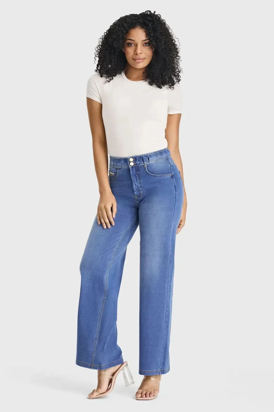 N.O.W® Denim Limited Edition - High Waisted - Wide Leg - Light Blue + Yellow Stitching - Image 2