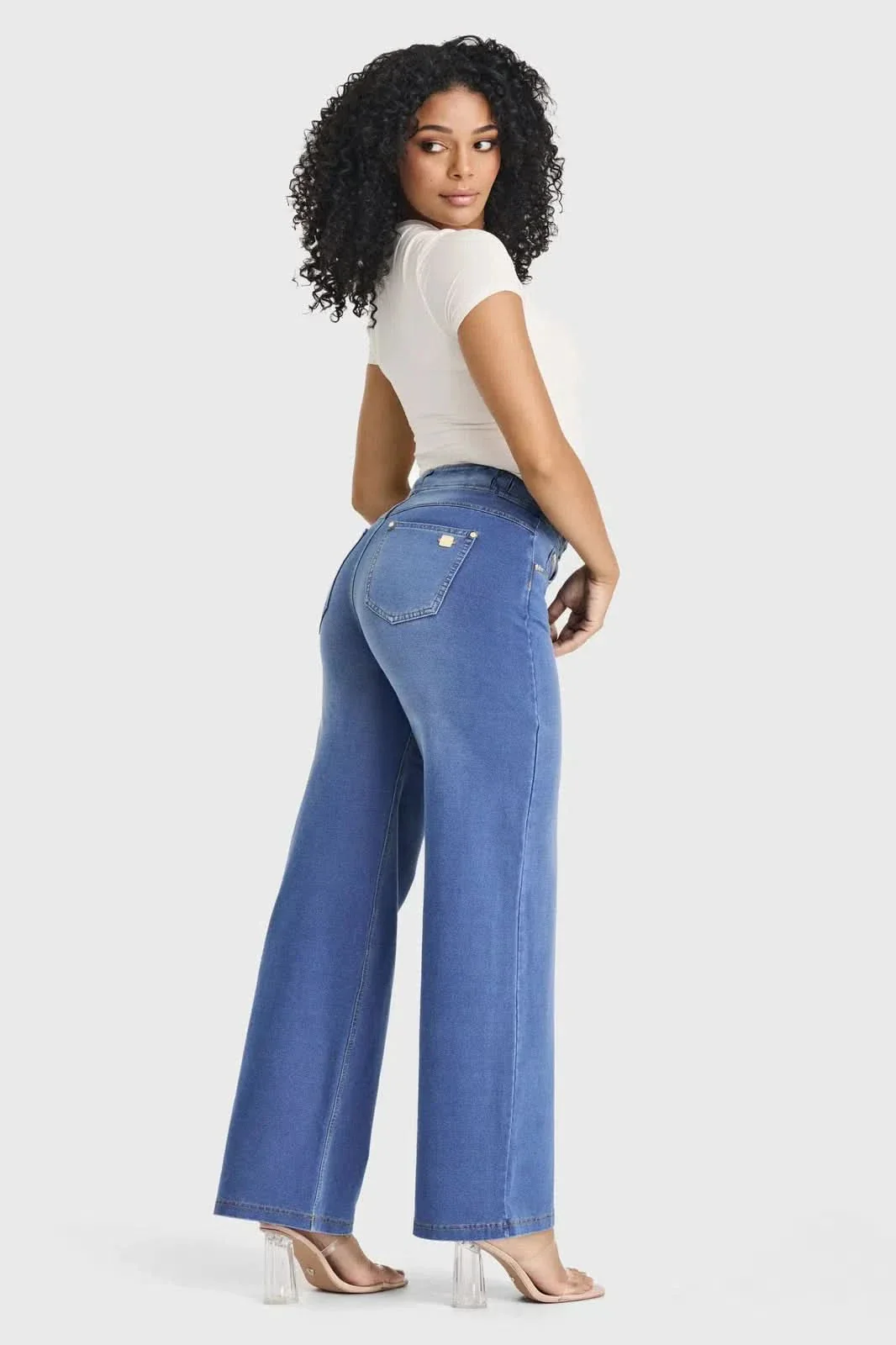 N.O.W® Denim Limited Edition - High Waisted - Wide Leg - Light Blue + Yellow Stitching - Image 3