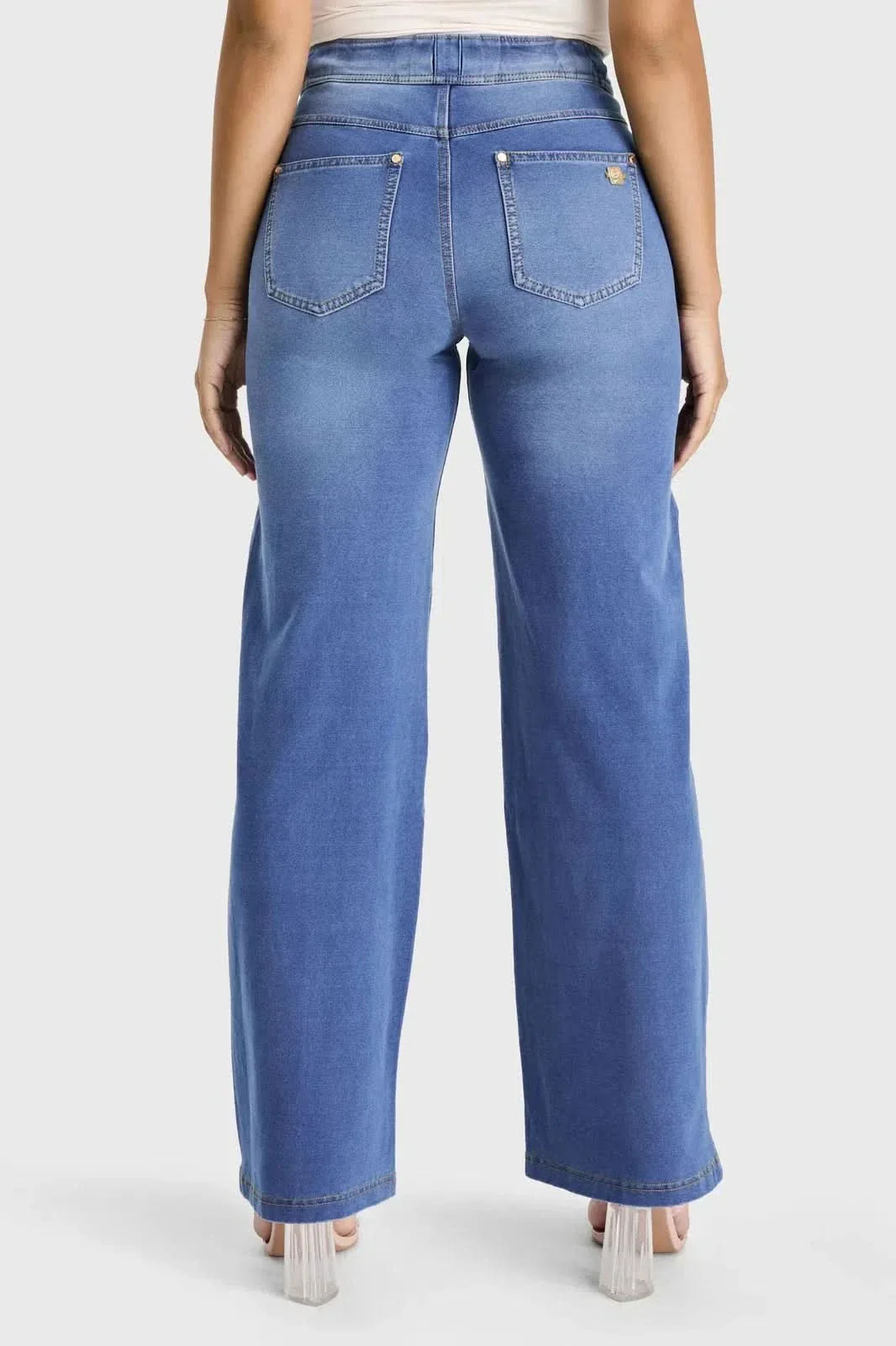 N.O.W® Denim Limited Edition - High Waisted - Wide Leg - Light Blue + Yellow Stitching - Image 5