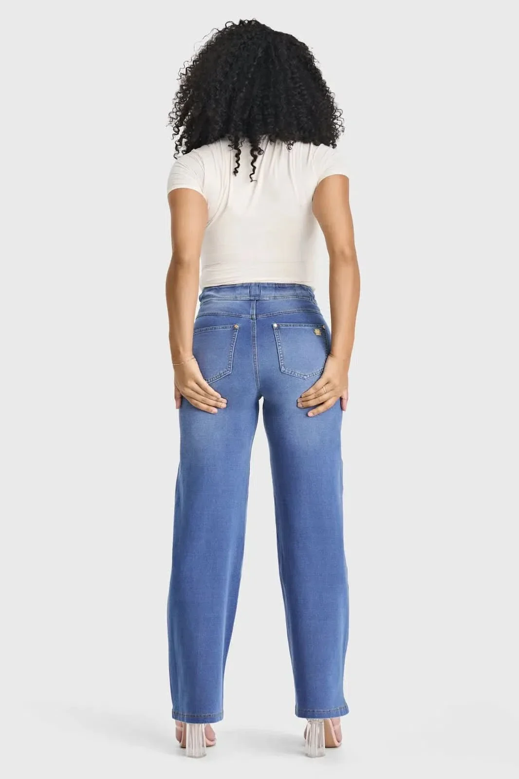 N.O.W® Denim Limited Edition - High Waisted - Wide Leg - Light Blue + Yellow Stitching - Image 6