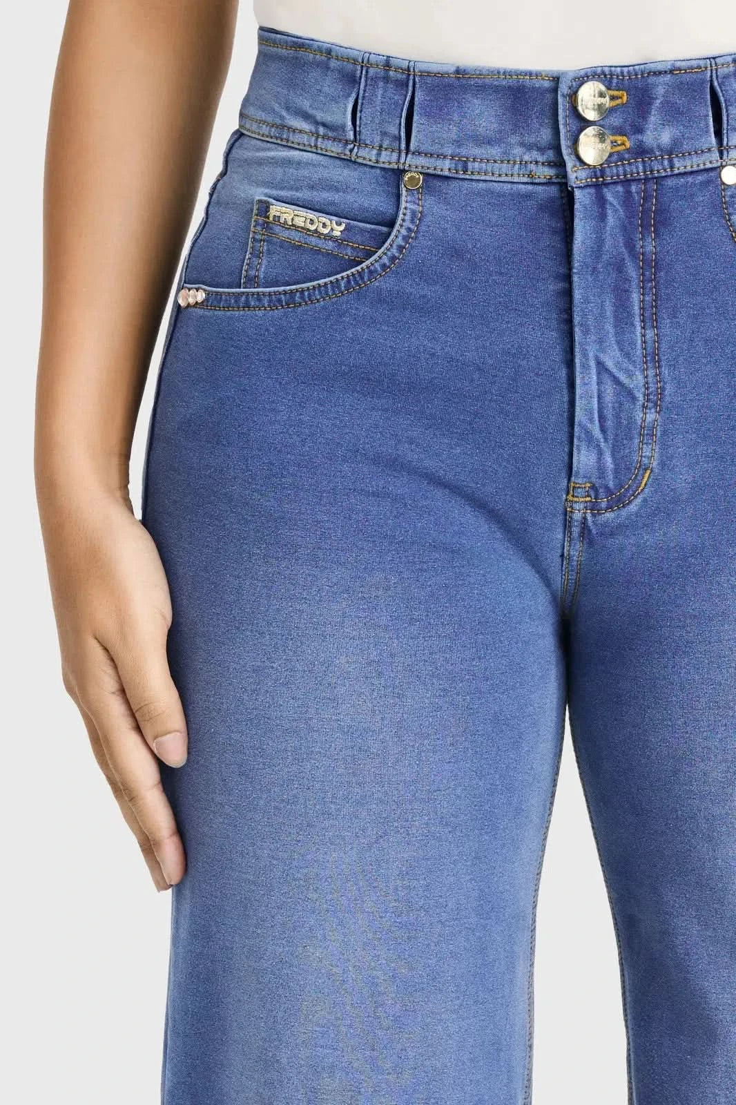 N.O.W® Denim Limited Edition - High Waisted - Wide Leg - Light Blue + Yellow Stitching - Image 8