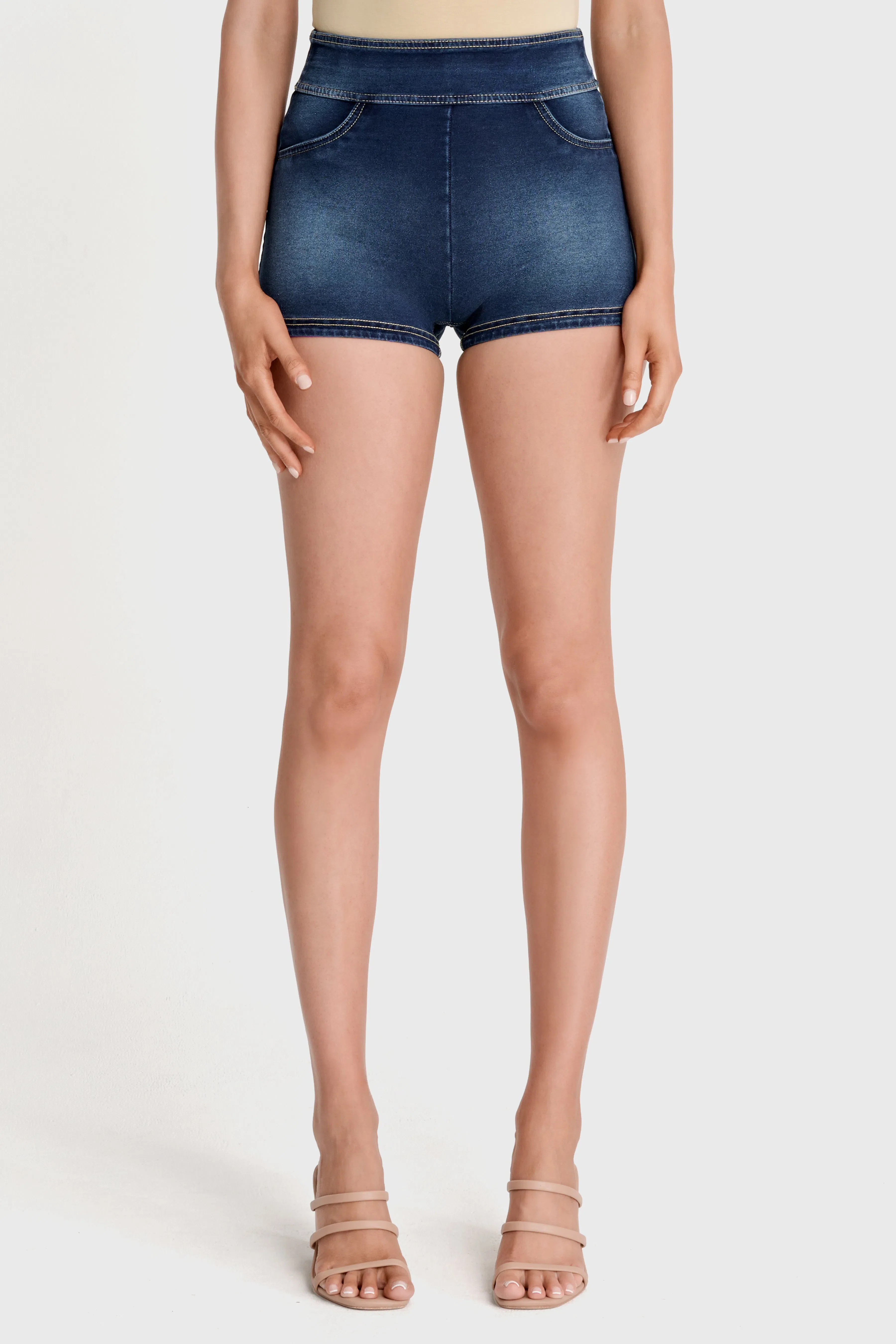 NOW Denim - High Waisted - Shorts - Dark Blue + Beige Stitching - Image 8