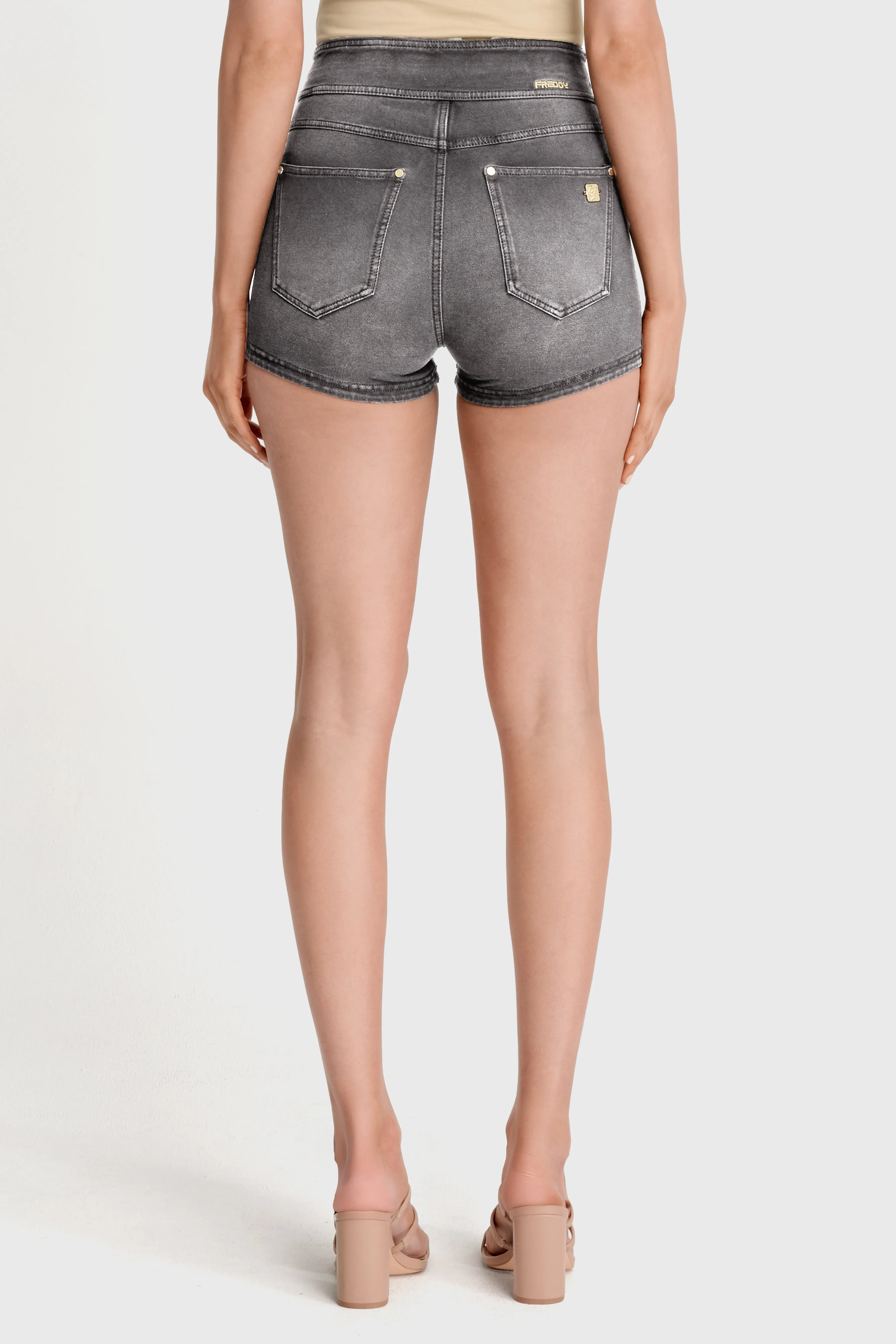 NOW Denim - High Waisted - Shorts - Grey + Black Stitching - Image 5