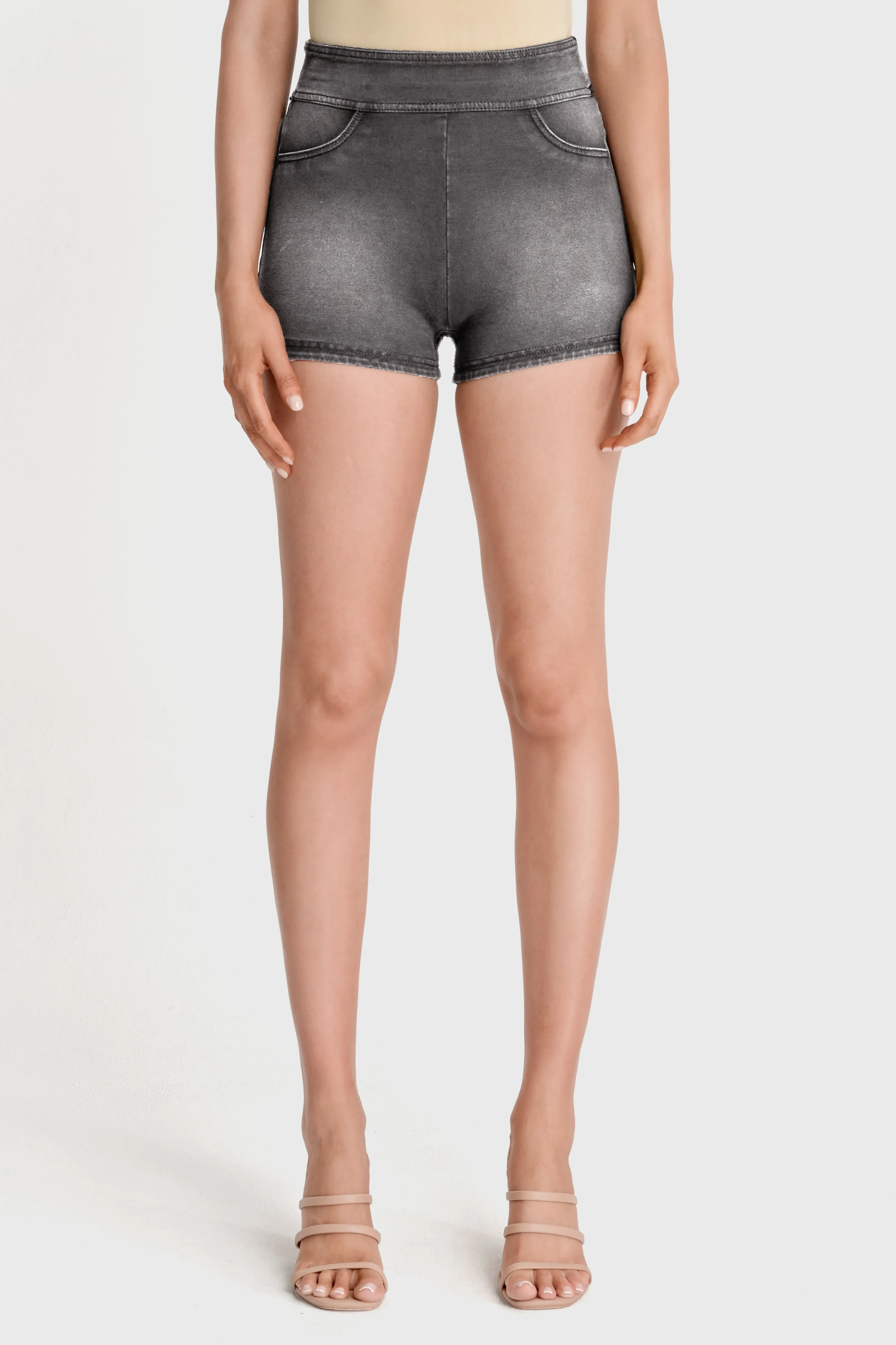 NOW Denim - High Waisted - Shorts - Grey + Black Stitching - Image 6