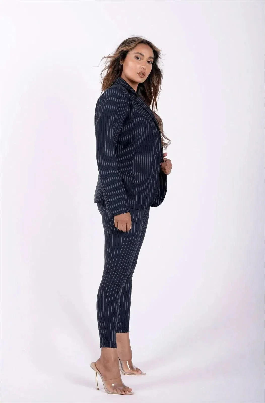Made In Italy Pinstripe Suit Blazer - Navy Blue + White - Image 4