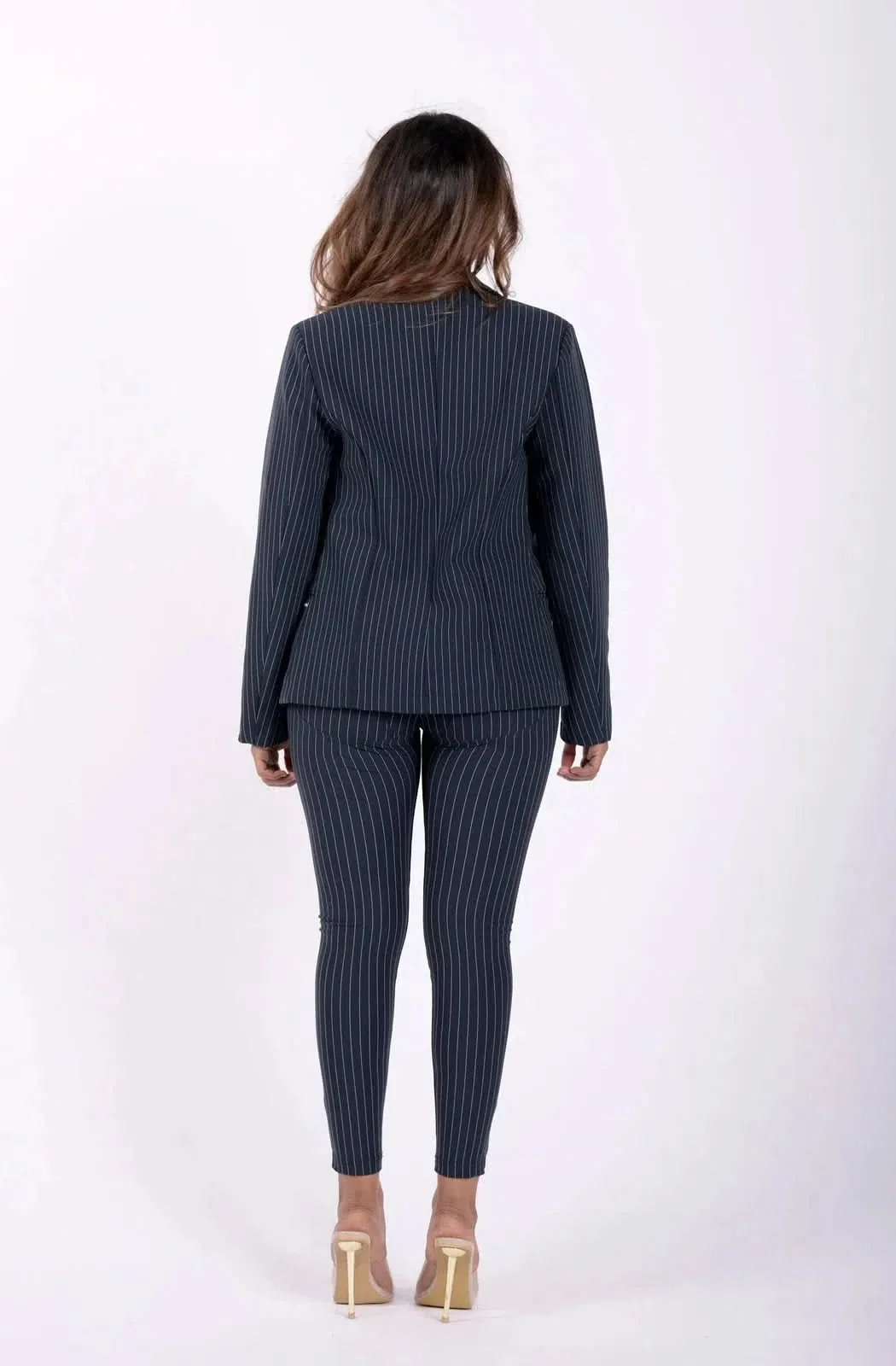 Made In Italy Pinstripe Suit Blazer - Navy Blue + White - Image 7