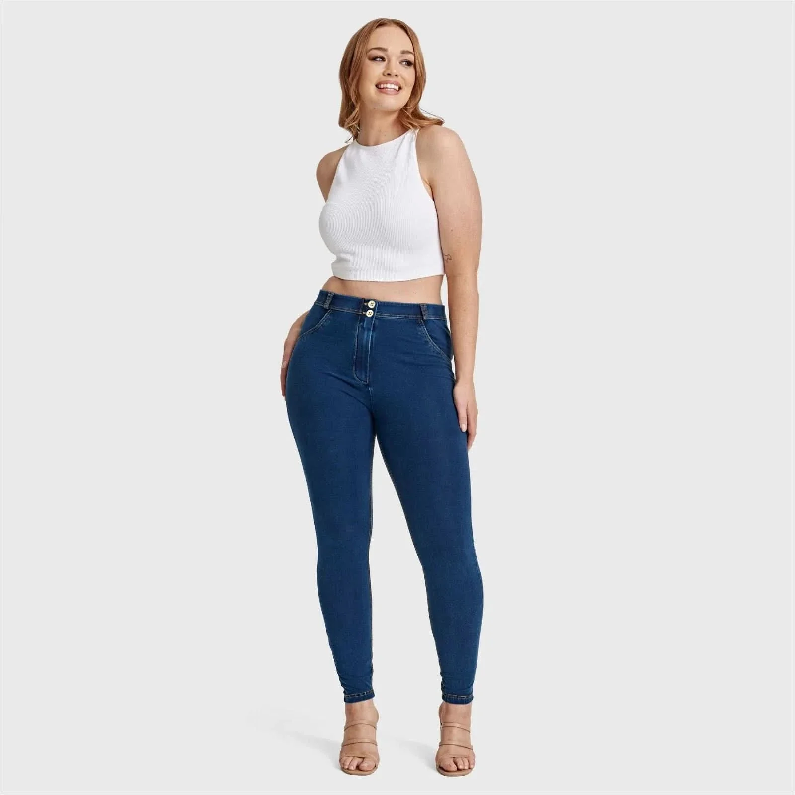 WRUP Curvy Denim - High Waisted - Full Length - Dark Blue + Yellow Stitching - Image 3