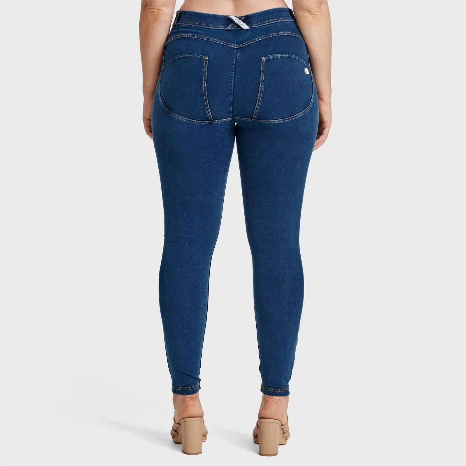 WRUP Curvy Denim - High Waisted - Full Length - Dark Blue + Yellow Stitching - Image 4