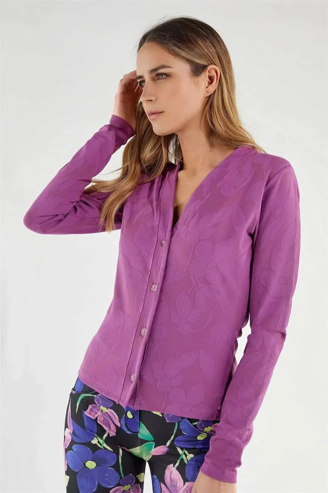 Stretch cardigan in floral print jacquard - Fucsia