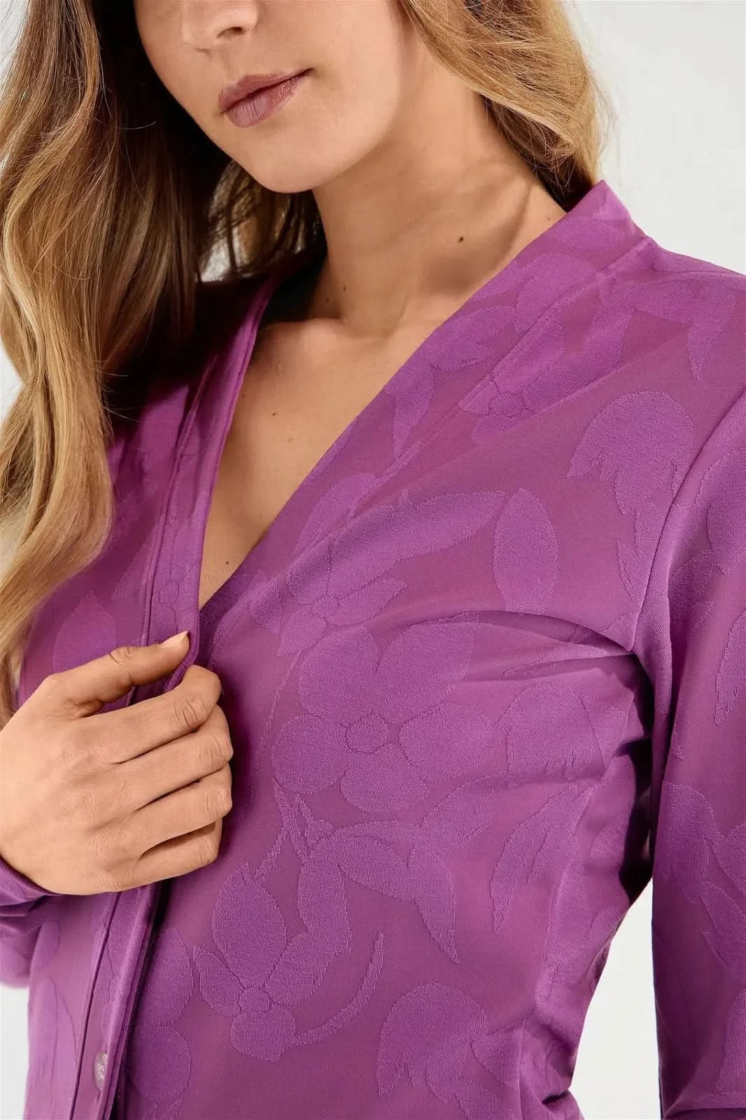 Stretch cardigan in floral print jacquard - Fucsia - Image 2
