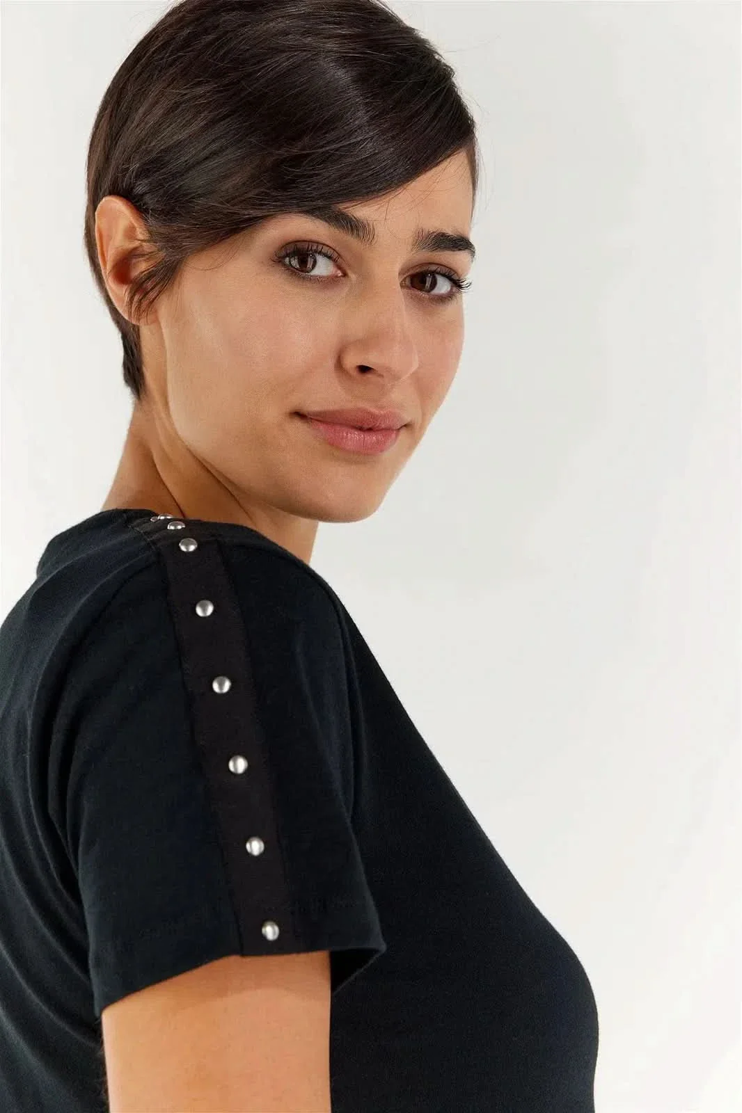 T Shirt with Shoulder Studs - Black - Image 2