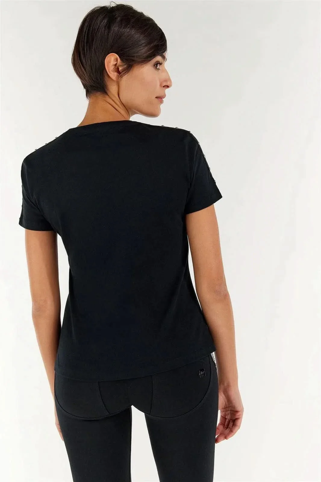 T Shirt with Shoulder Studs - Black - Image 3