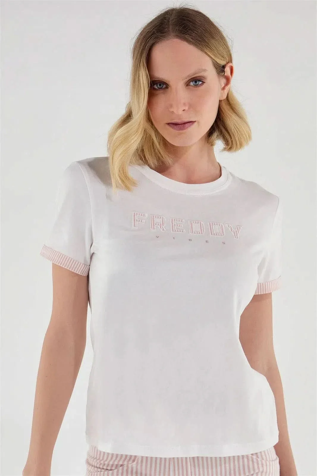 T Shirt with Striped Trim - White + Pink - Image 2
