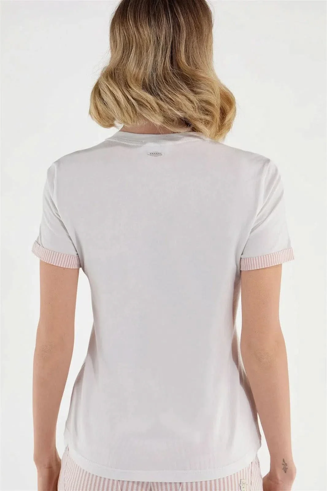 T Shirt with Striped Trim - White + Pink - Image 3