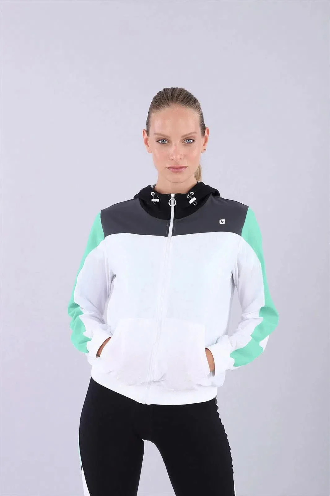 Zip Up Hoodie - White + Mint Sleeve - Image 3