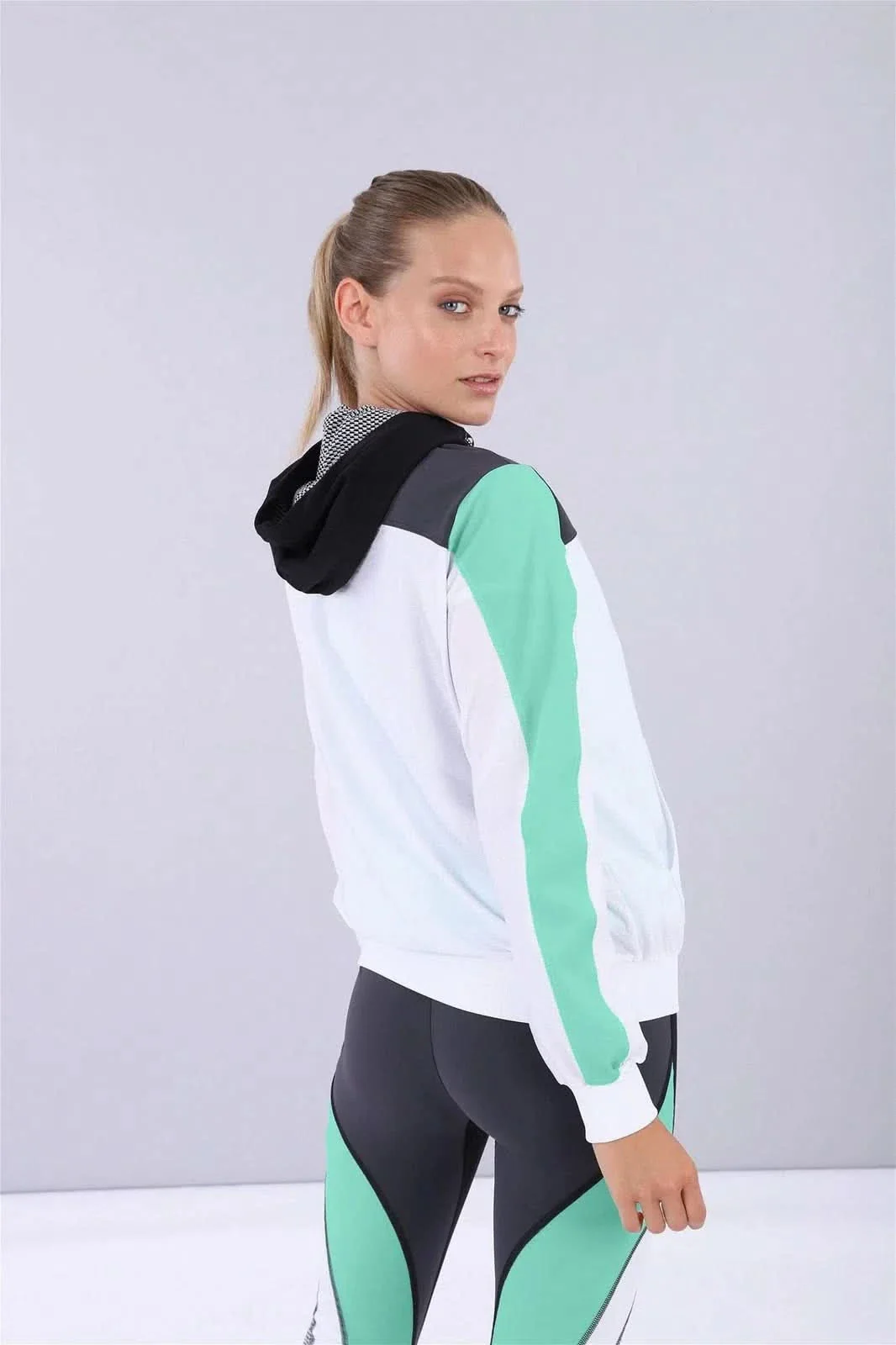 Zip Up Hoodie - White + Mint Sleeve - Image 4