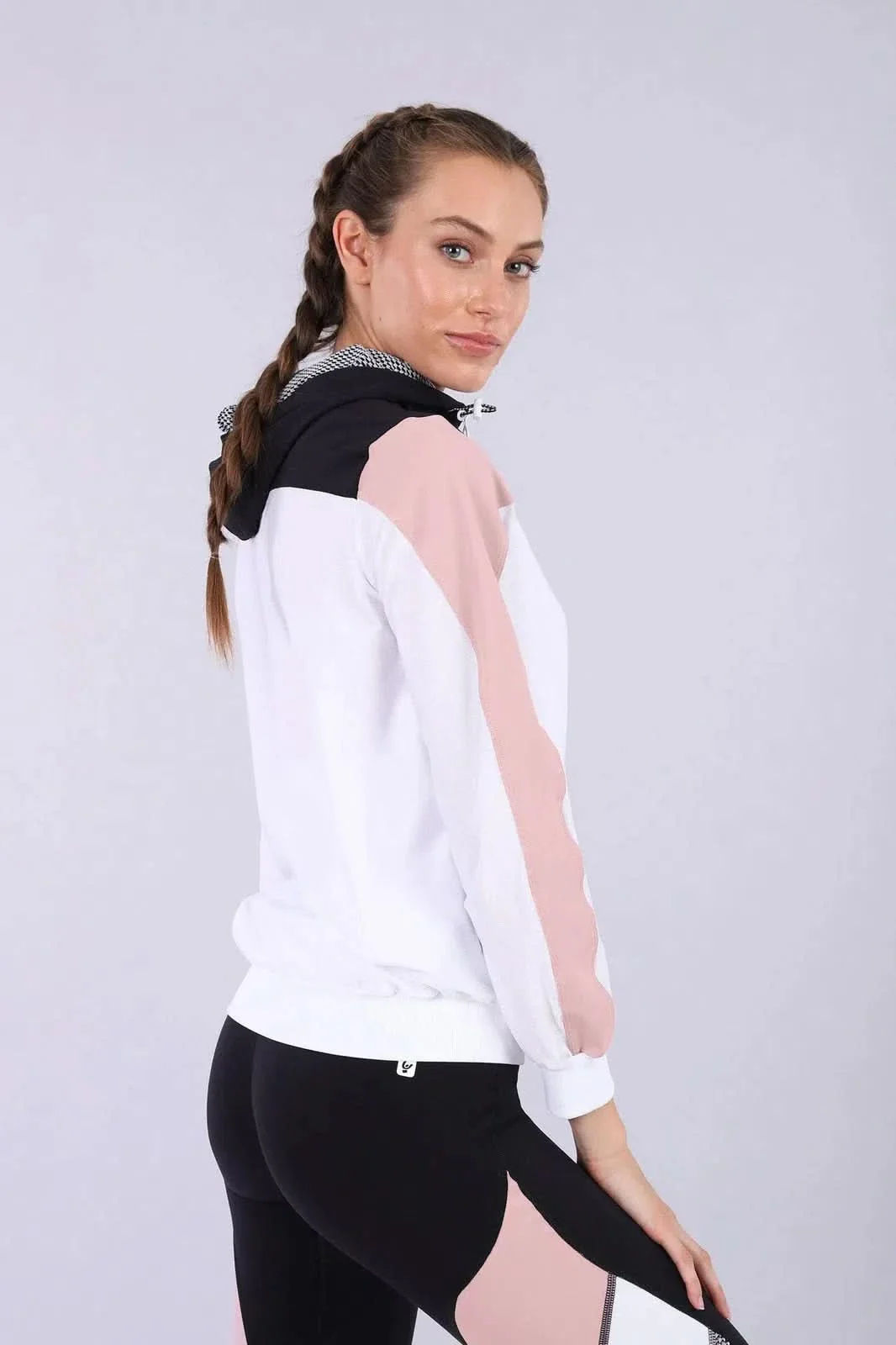 Zip Up Hoodie - White + Mauve Sleeve - Image 4