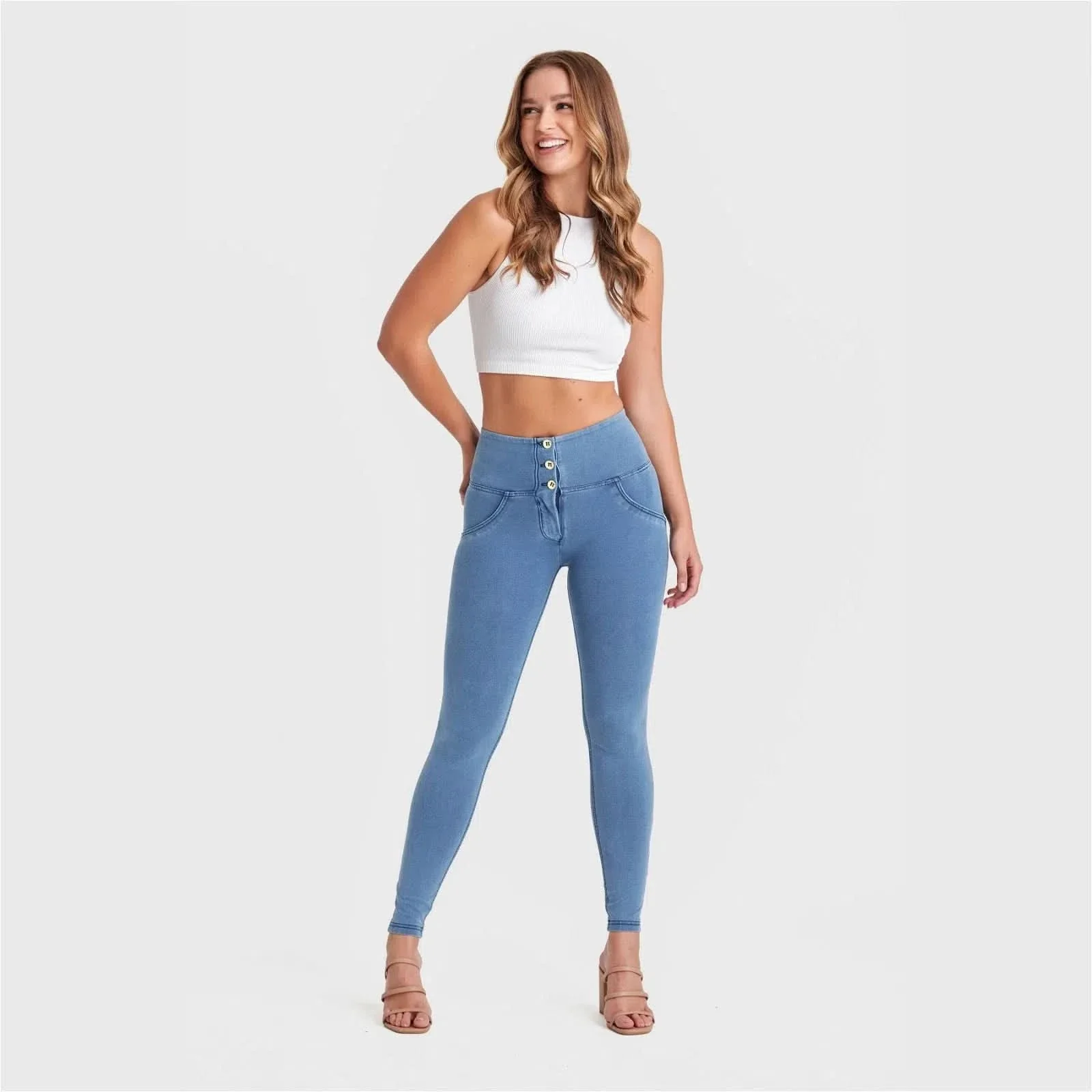 WRUP Denim - 3 Button High Waisted - Full Length - Light Blue + Blue Stitching - Image 4