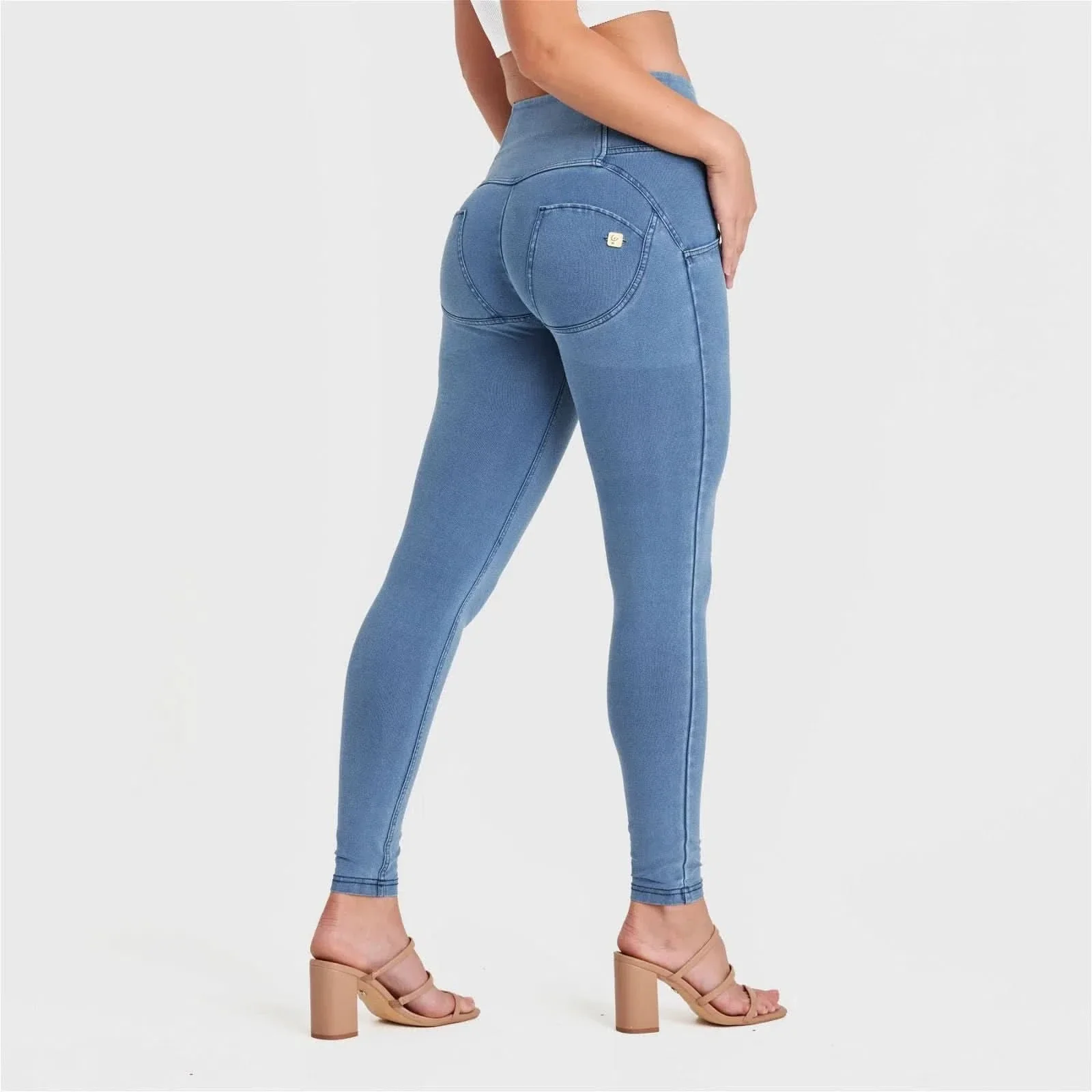WRUP Denim - 3 Button High Waisted - Full Length - Light Blue + Blue Stitching - Image 6