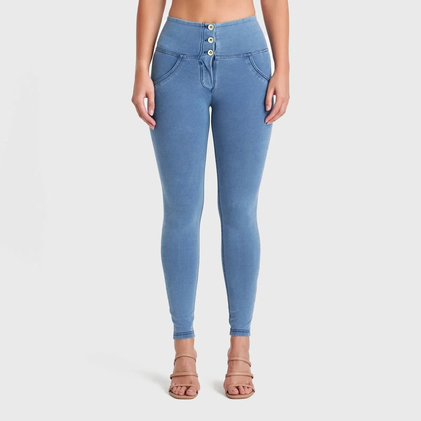 WRUP Denim - 3 Button High Waisted - Full Length - Light Blue + Blue Stitching - Image 7
