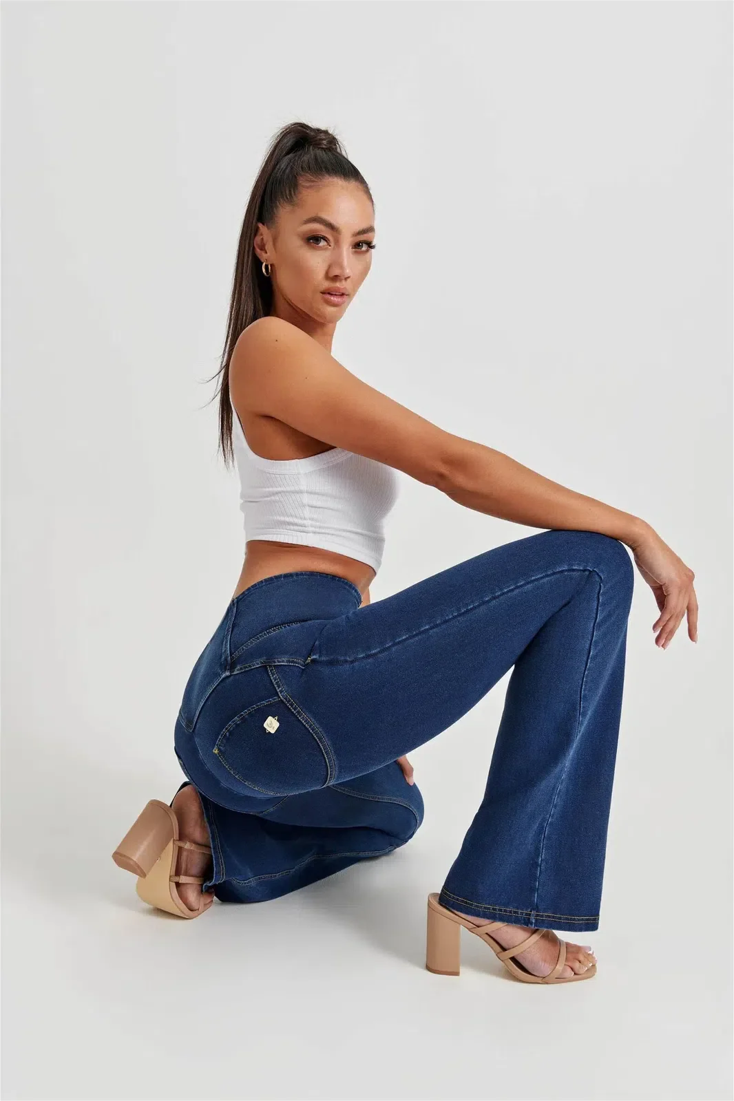 WRUP Denim - High Waisted - Bell Bottom Flare - Dark Blue + Yellow Stitching - Image 2