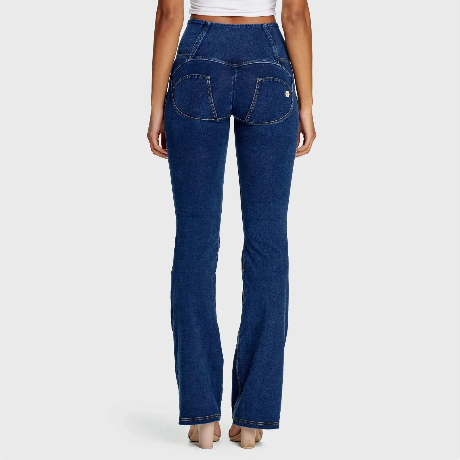 WRUP Denim - High Waisted - Bell Bottom Flare - Dark Blue + Yellow Stitching - Image 5