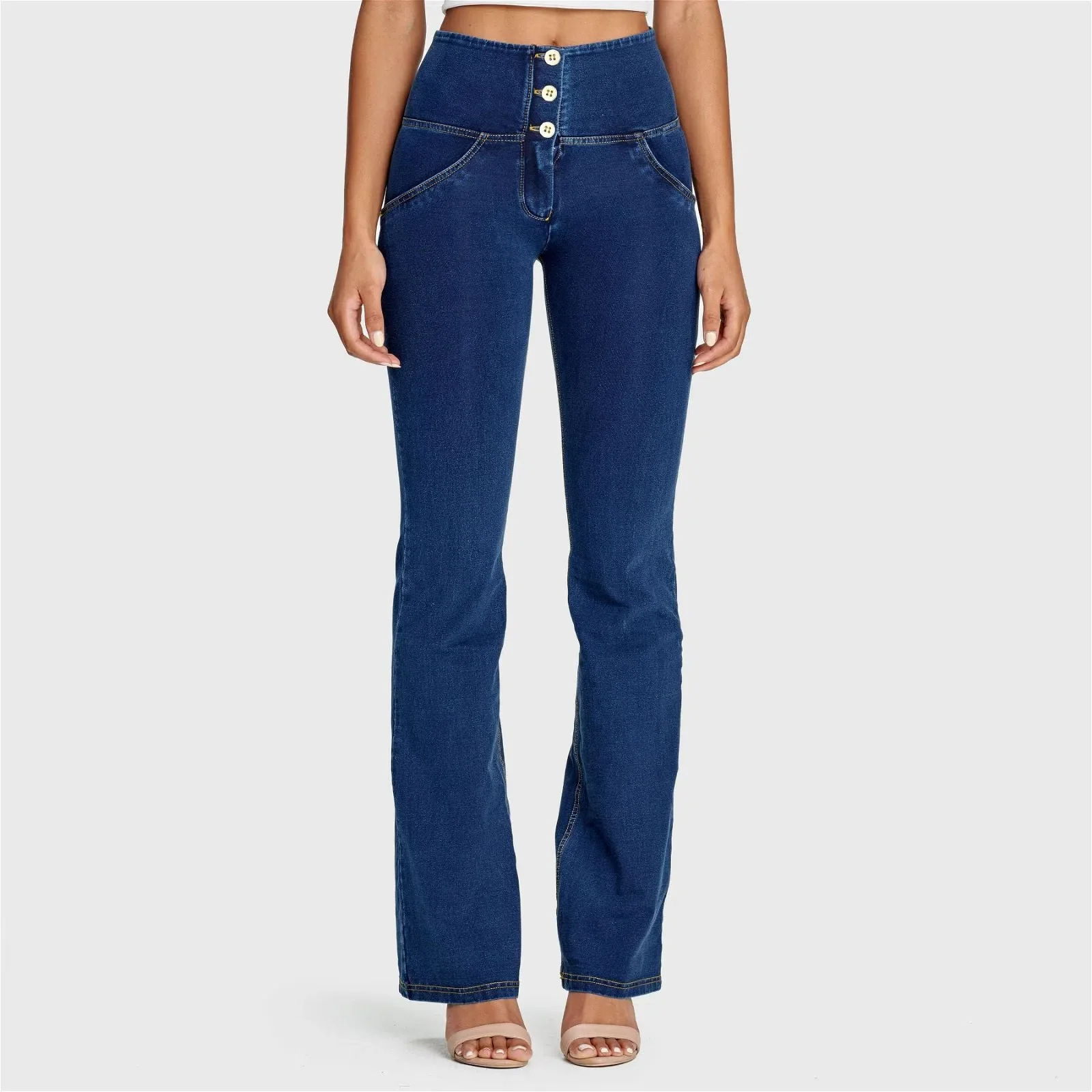 WRUP Denim - High Waisted - Bell Bottom Flare - Dark Blue + Yellow Stitching - Image 6