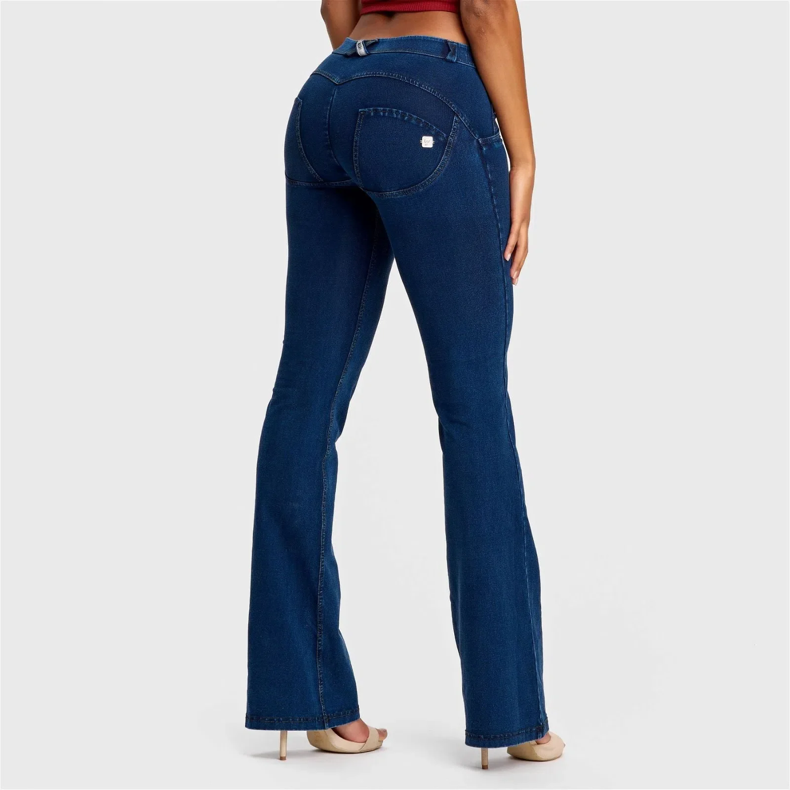 WRUP Denim - Mid Rise - Bell Bottom Flare - Dark Blue + Yellow Stitching