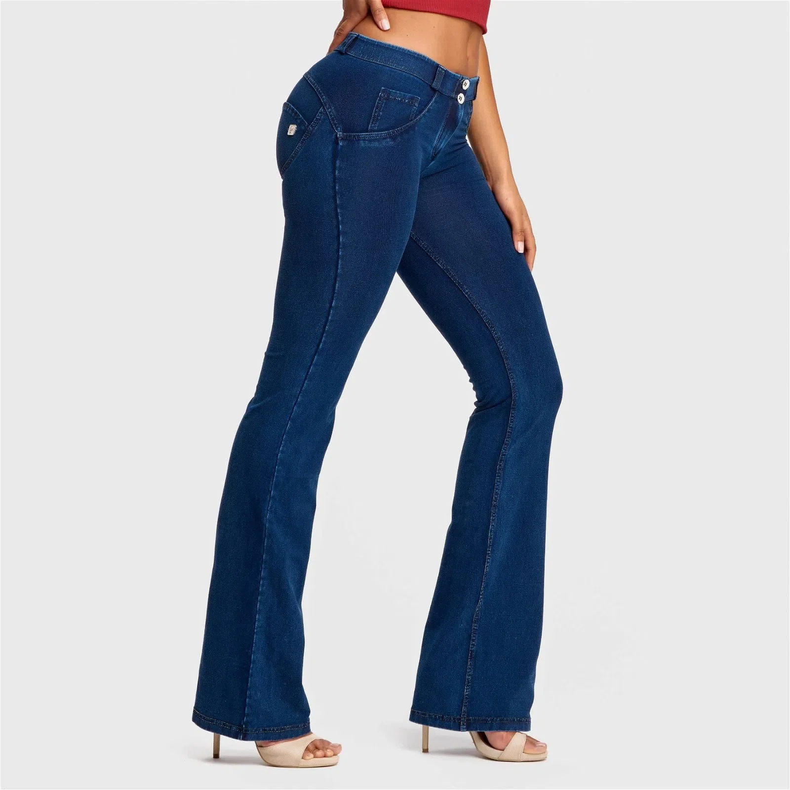 WRUP Denim - Mid Rise - Bell Bottom Flare - Dark Blue + Yellow Stitching - Image 4